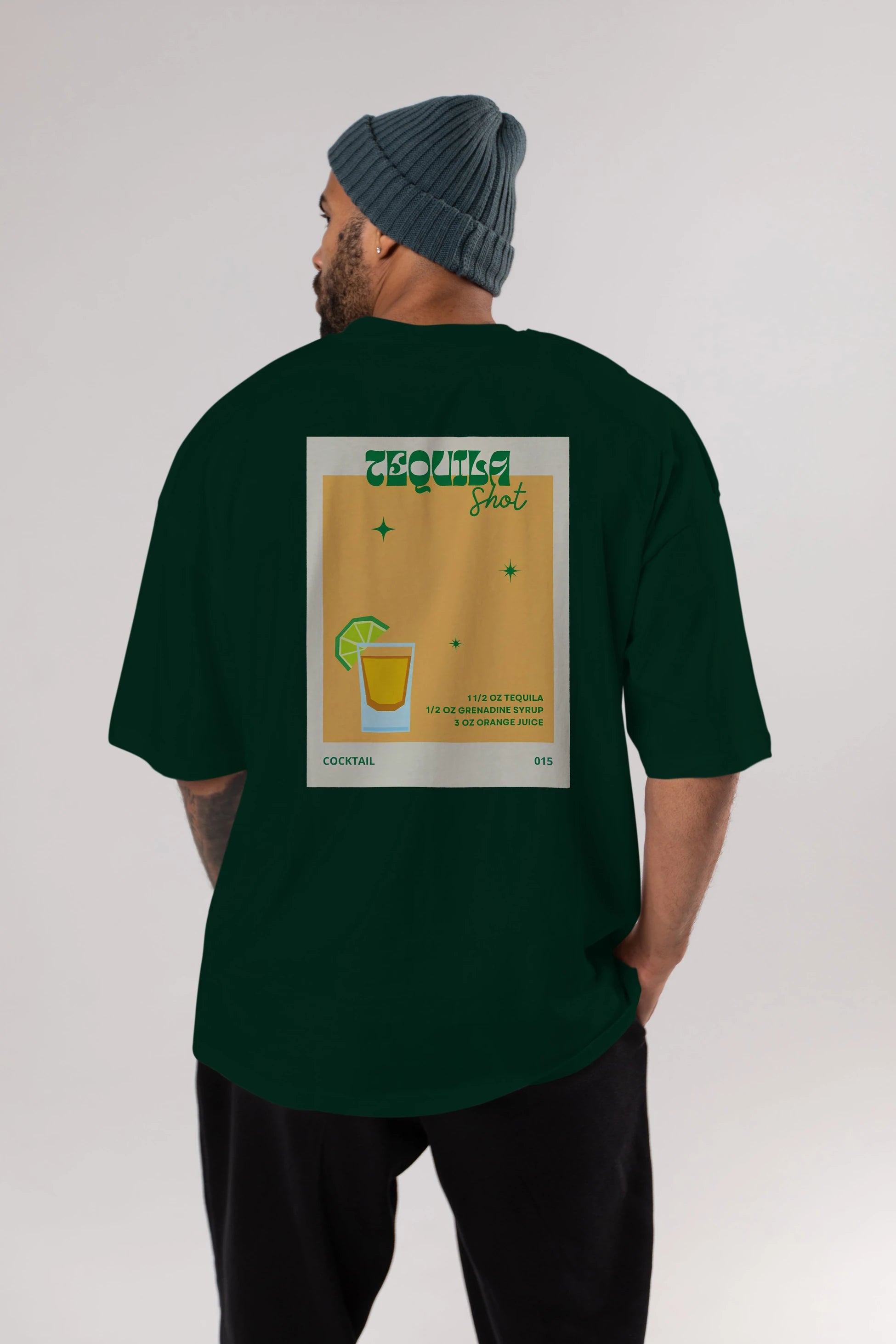 Tequila Shot 2 Arka Baskılı Oversize t-shirt Erkek Kadın Unisex %100 Pamuk Bisiklet Yaka tişort