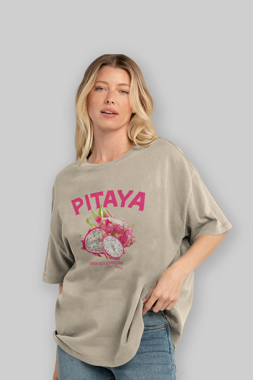 Pitaya Ön Baskılı Oversize t-shirt Erkek Kadın Pamuk Bisiklet Yaka tişort