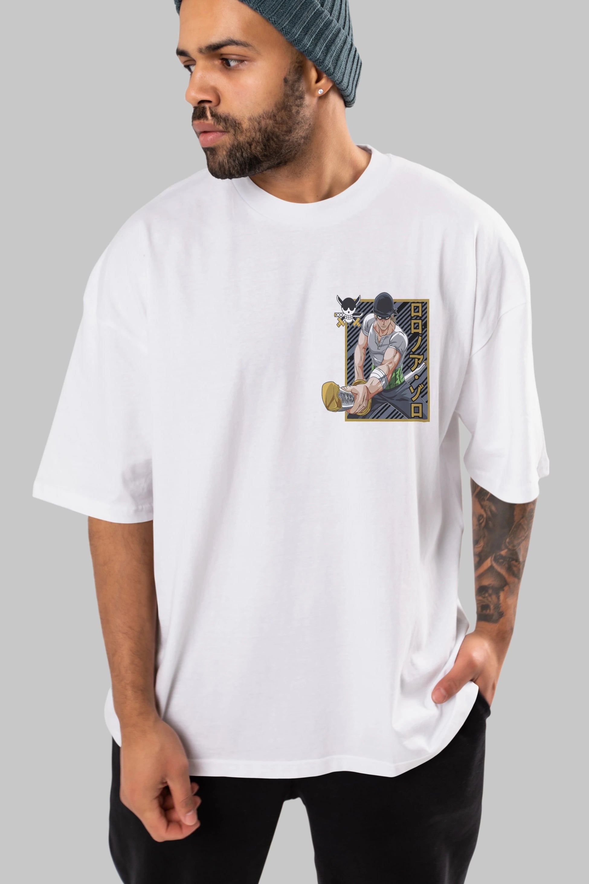 RORONOA ZORO Ön Sol Baskılı Oversize t-shirt Erkek Kadın Unisex %100 Pamuk Bisiklet Yaka tişort