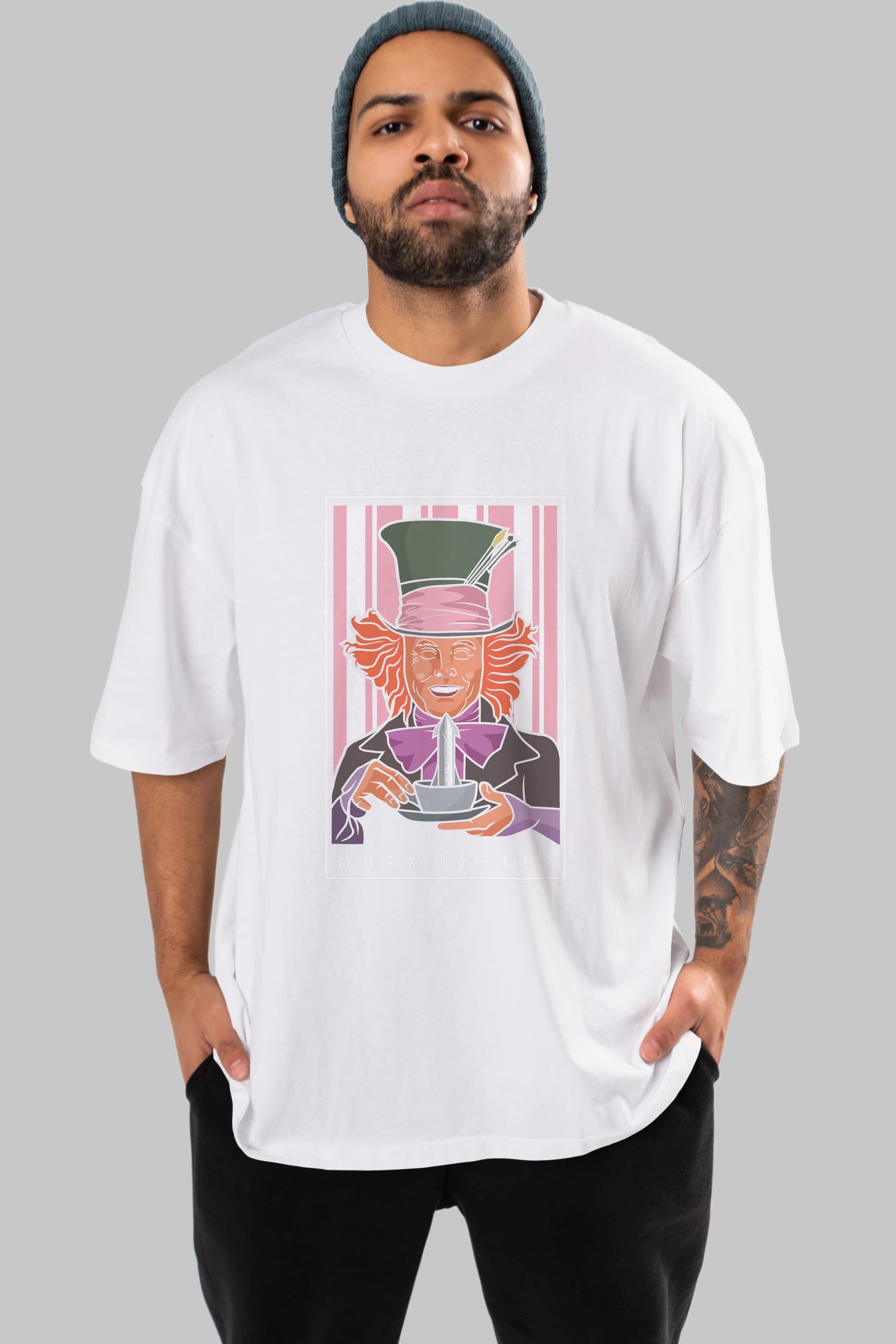 Mad Hatter Elon Musk Ön Baskılı Oversize t-shirt Erkek Kadın Unisex %100 Pamuk tişort