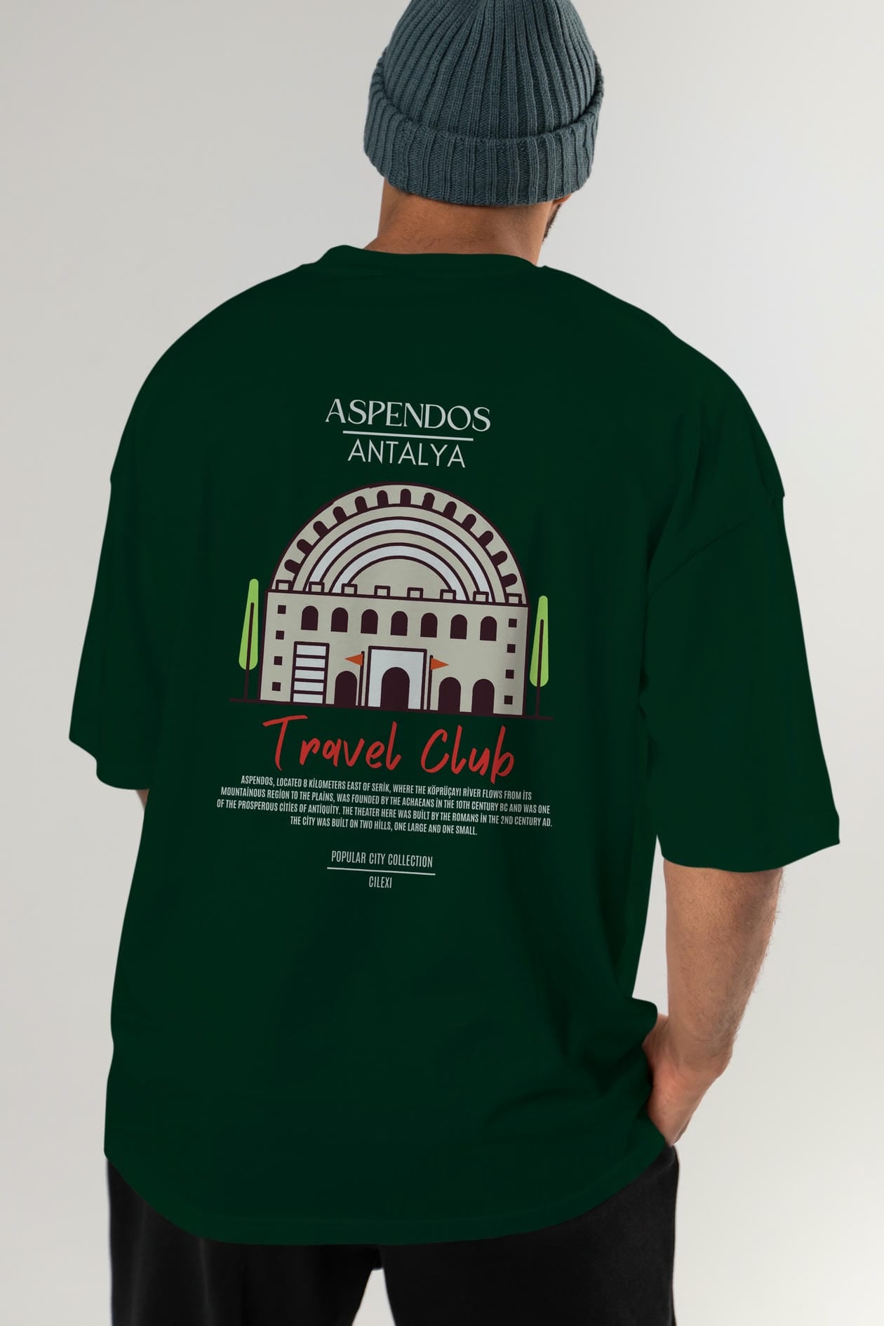 Aspendos Antalya Arka Baskılı Oversize t-shirt Erkek Kadın Pamuk Bisiklet Yaka tişort