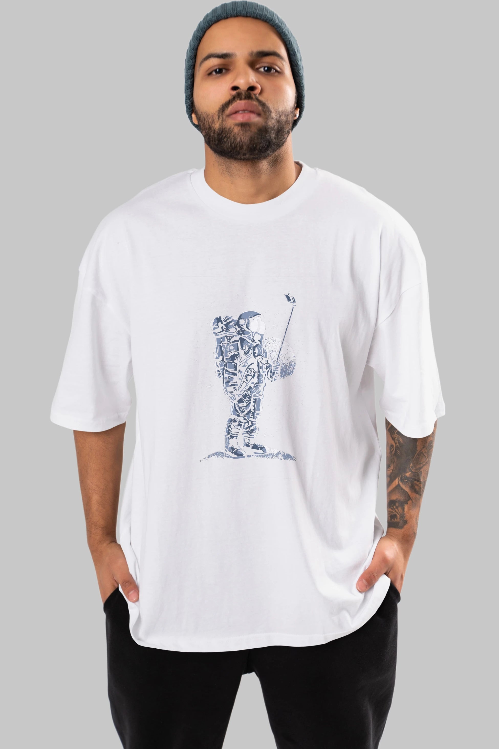 Selfie Astronaut Ön Baskılı Oversize t-shirt Erkek Kadın Unisex %100 Pamuk tişort