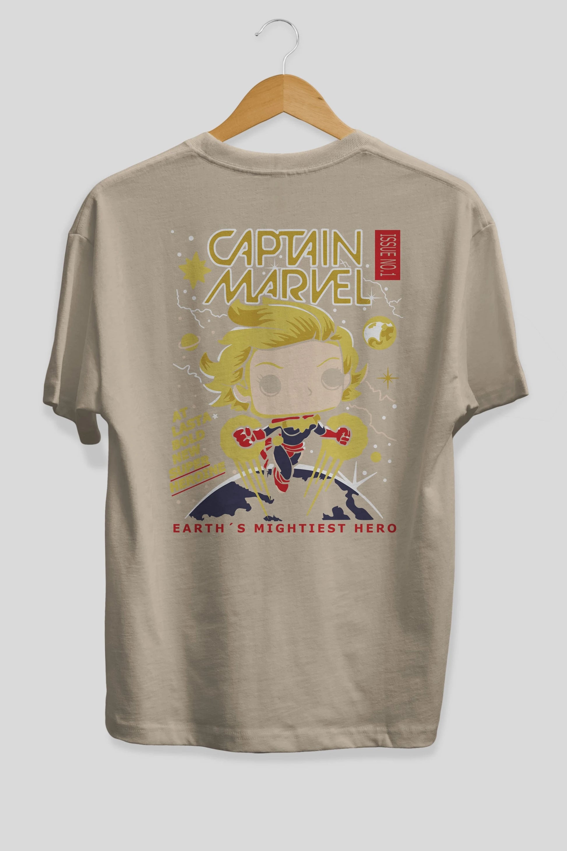 Captain Marvel Arka Baskılı Oversize t-shirt Erkek Kadın Unisex %100 Pamuk Bisiklet Yaka tişort