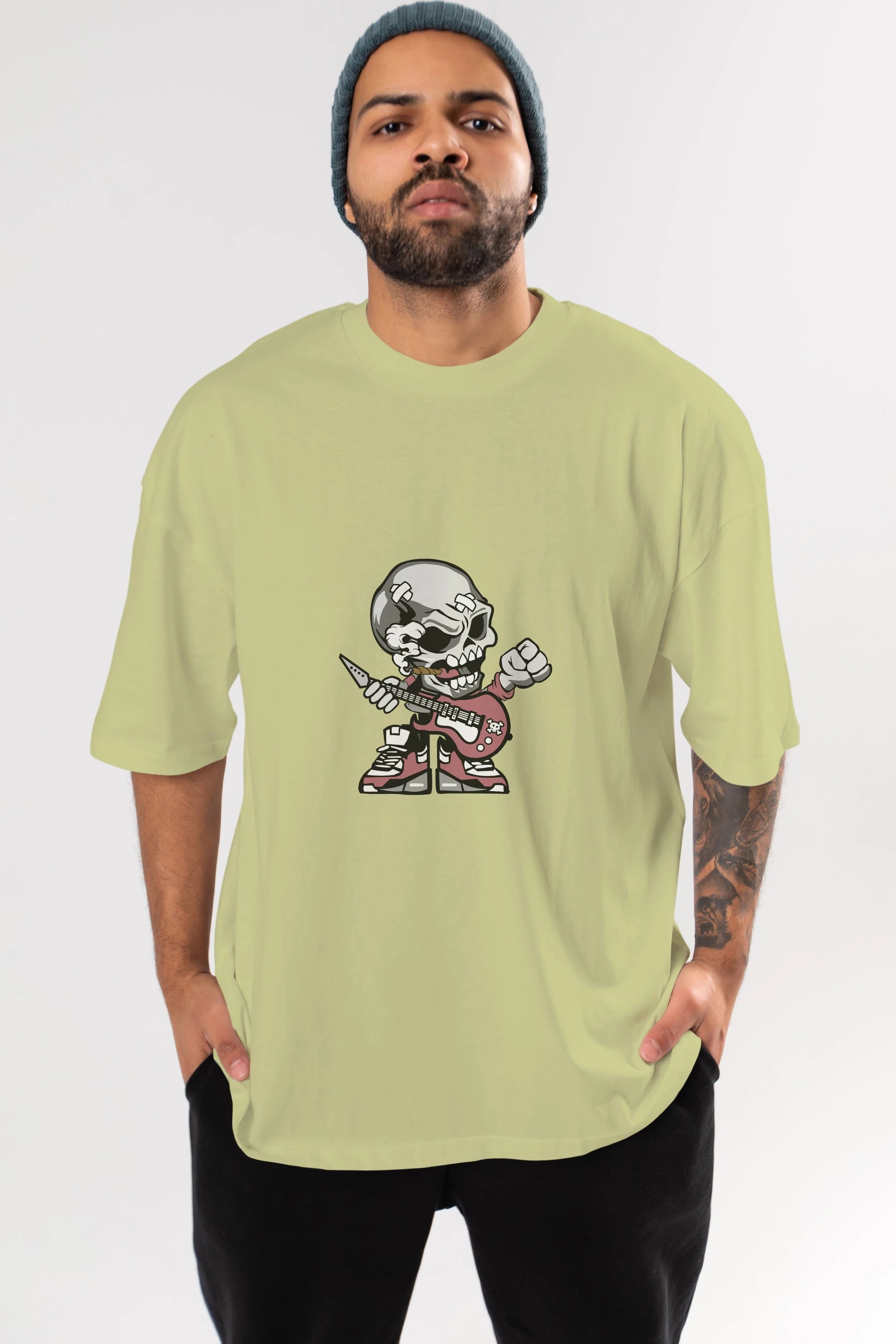 Skull Rockstar Ön Baskılı Oversize t-shirt Erkek Kadın Unisex %100 Pamuk tişort