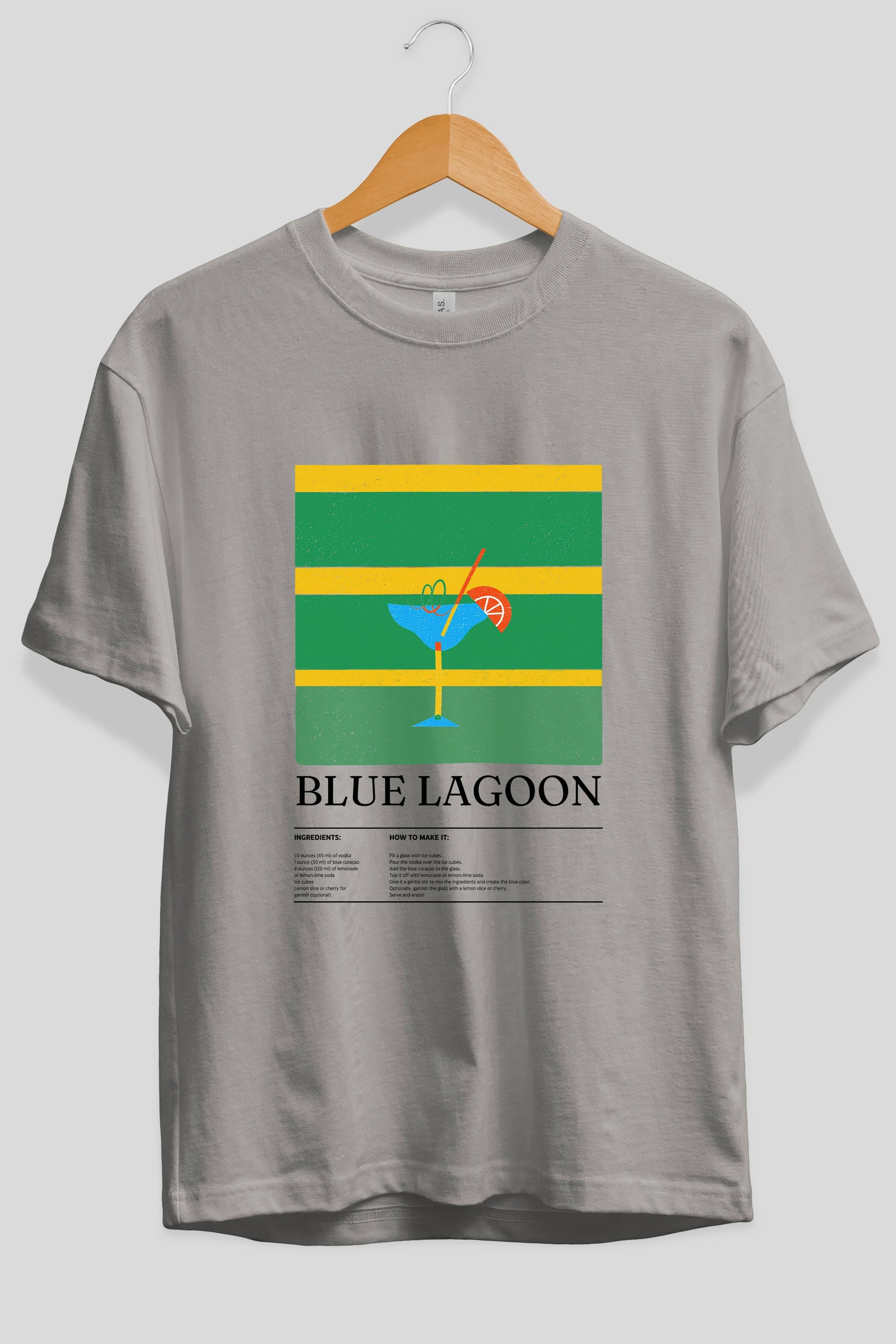 Blue Lagoon Kokteyl Ön Baskılı Oversize t-shirt Erkek Kadın %100 Pamuk Bisiklet Yaka tişort