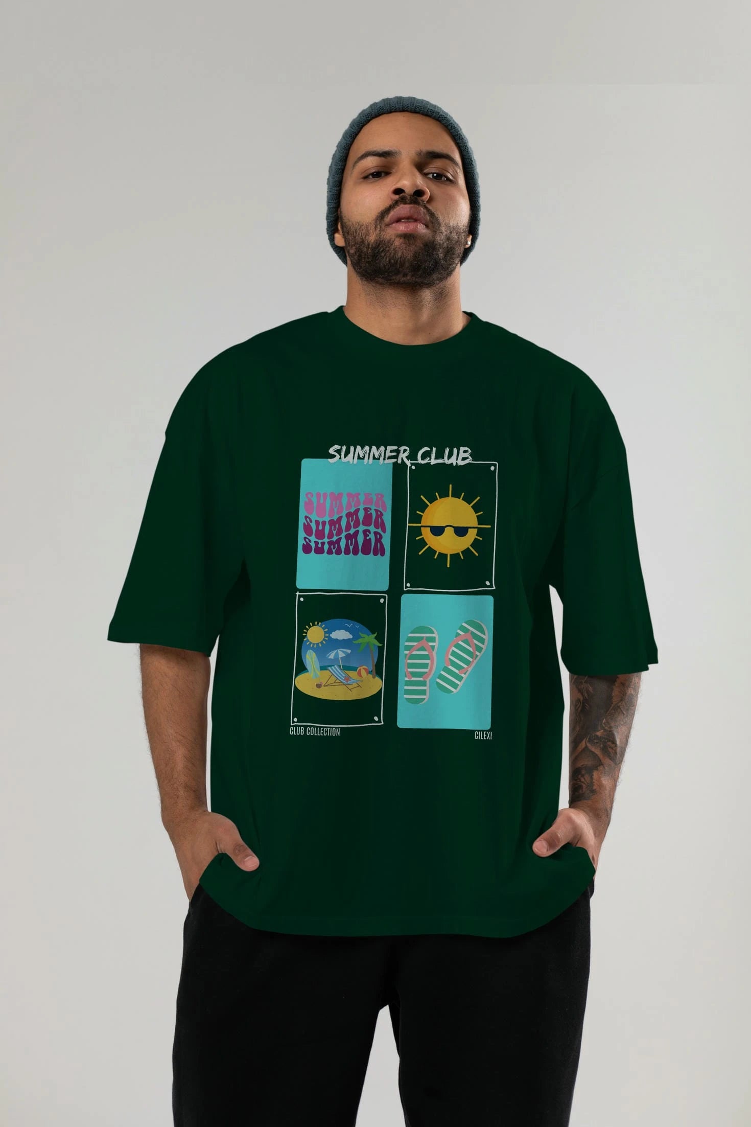 Summer Club ön Baskılı Oversize t-shirt Erkek Kadın %100 Pamuk Bisiklet Yaka tişort