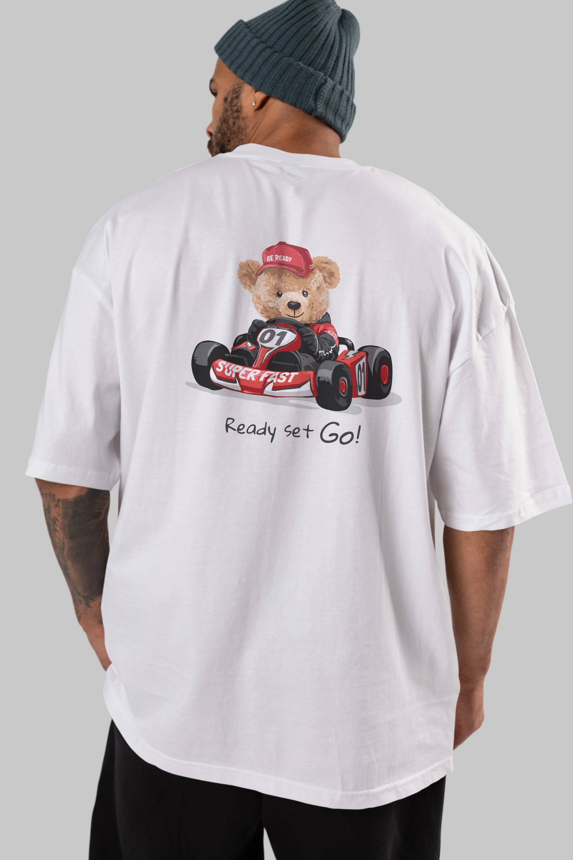 Teddy Bear Ready Set Go Arka Baskılı Oversize t-shirt Erkek Kadın Unisex %100 Pamuk