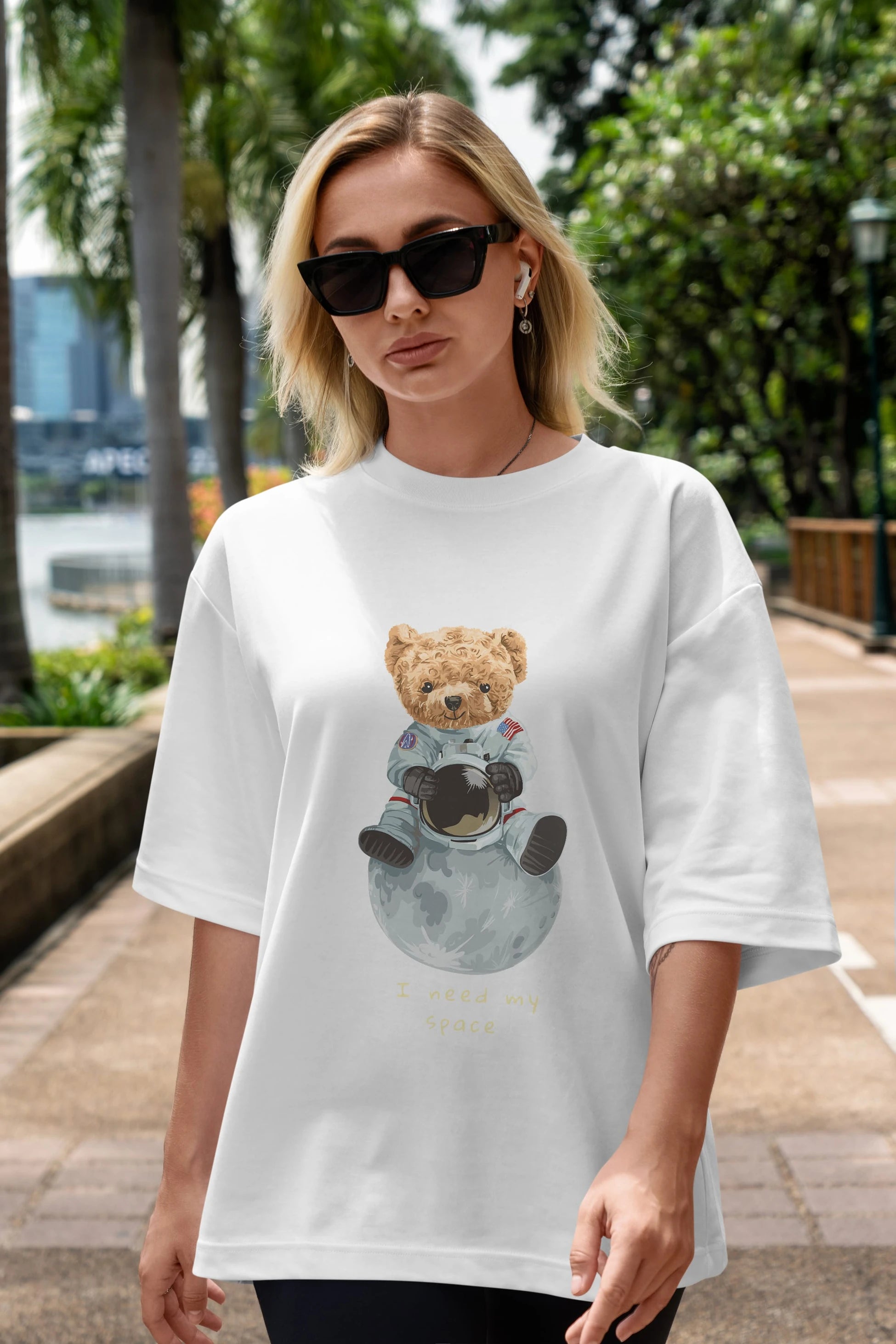 Teddy Bear I Need My Space Ön Baskılı Oversize t-shirt Erkek Kadın Unisex %100 Pamuk