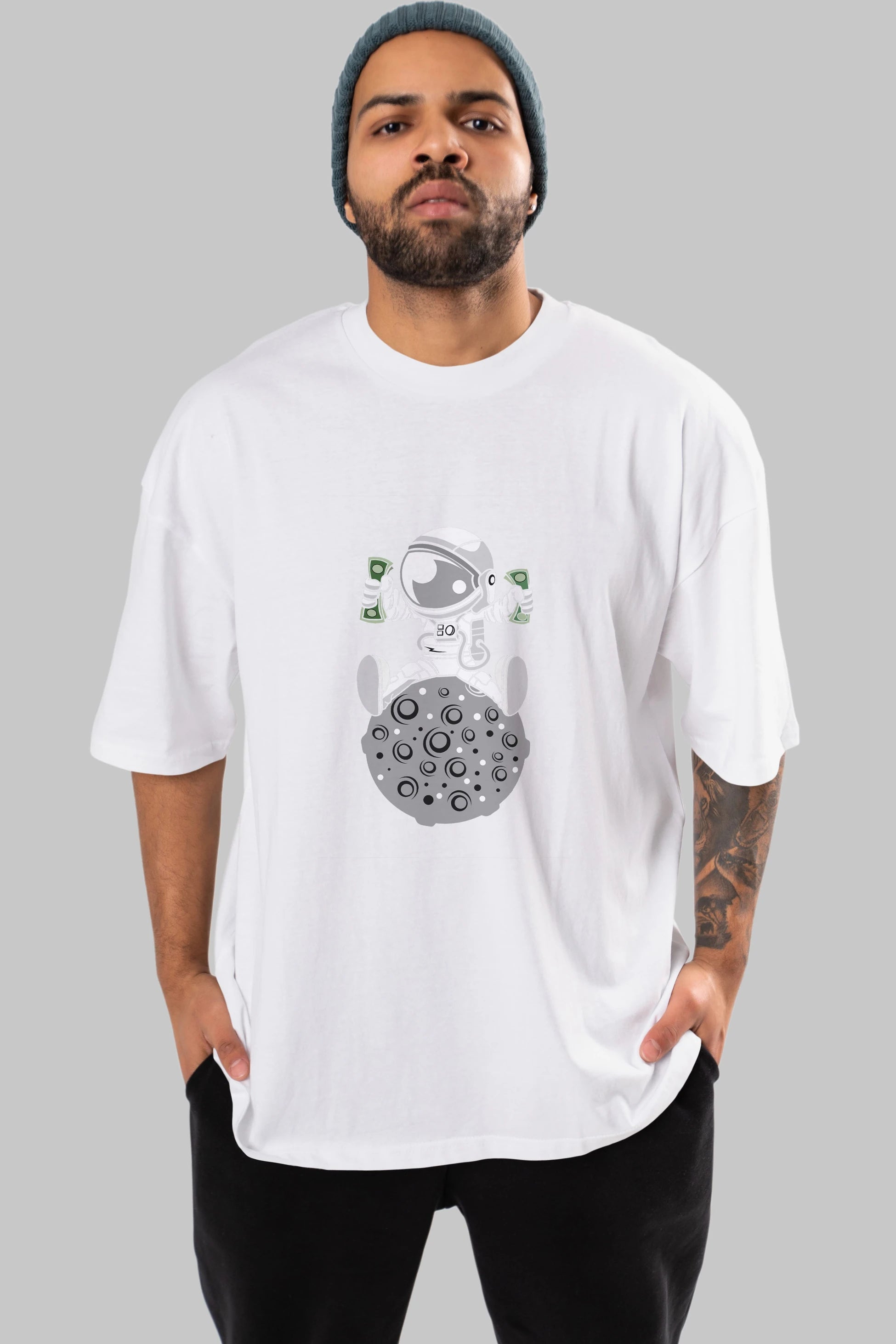 Astronaut Dollar Ön Baskılı Oversize t-shirt Erkek Kadın Unisex %100 Pamuk tişort