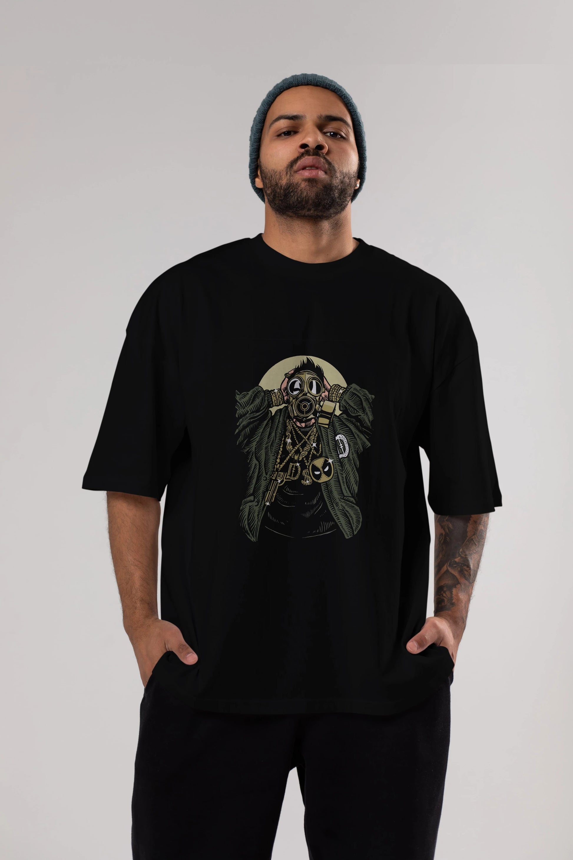 Gasmask Gangsta Ön Baskılı Oversize t-shirt Erkek Kadın Unisex %100 Pamuk tişort