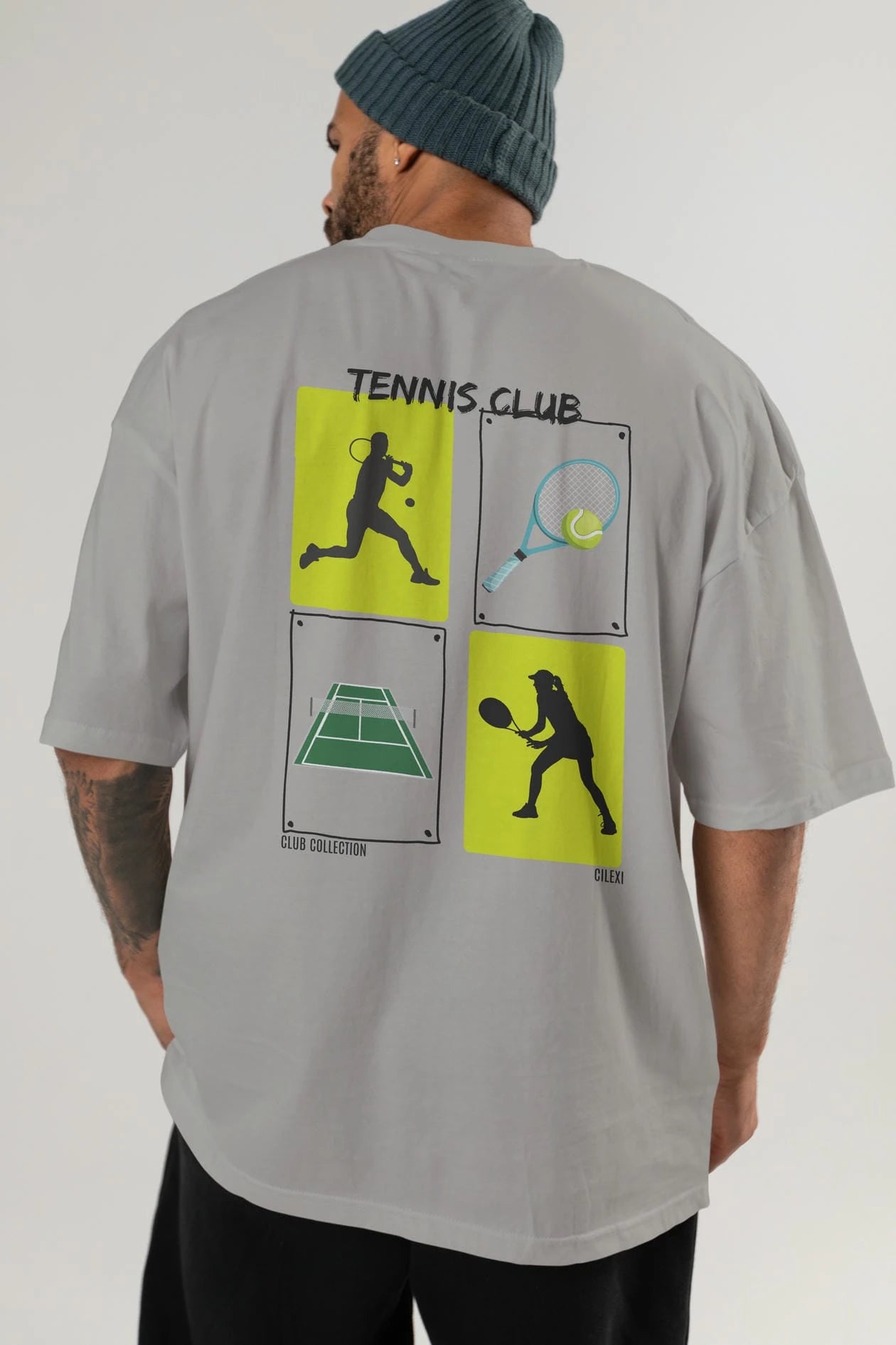 Tennis Club Arka Baskılı Oversize t-shirt Erkek Kadın %100 Pamuk Bisiklet Yaka tişort