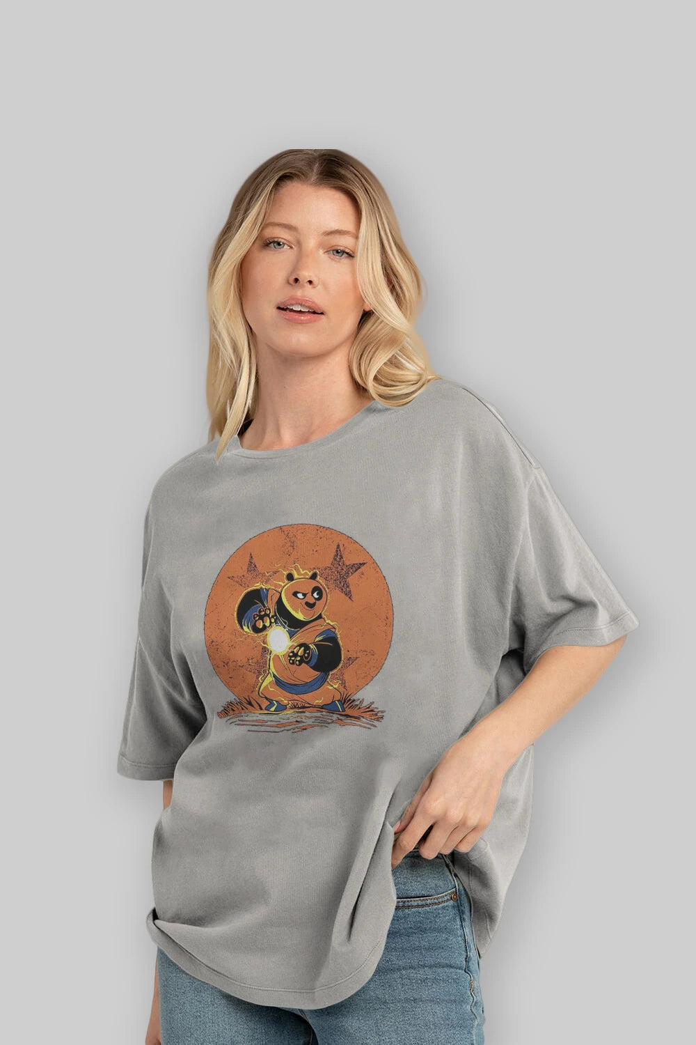 Kung Fu Panda Ön Baskılı Oversize t-shirt Erkek Kadın Unisex %100 Pamuk Bisiklet Yaka tişort
