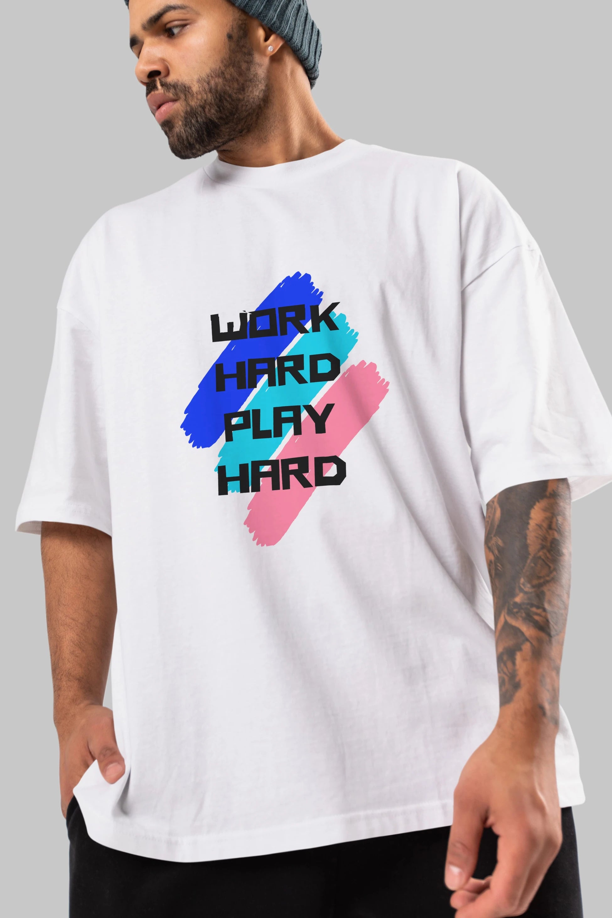 Work Hard Play Hard 2 Ön Baskılı Oversize t-shirt Erkek Kadın Unisex