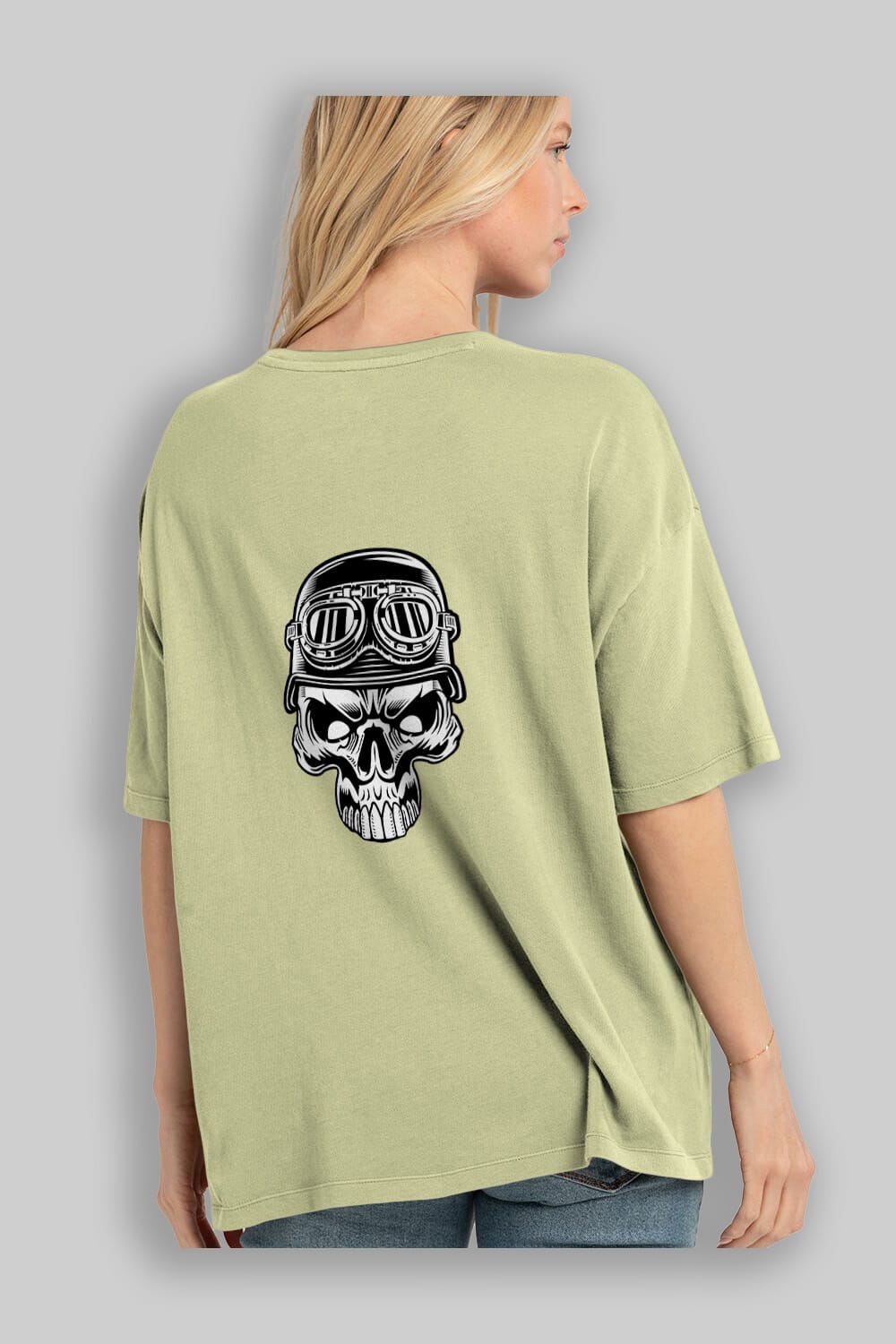 Biker Skull Helmet Arka Baskılı Oversize t-shirt Erkek Kadın Unisex %100 Pamuk tişort