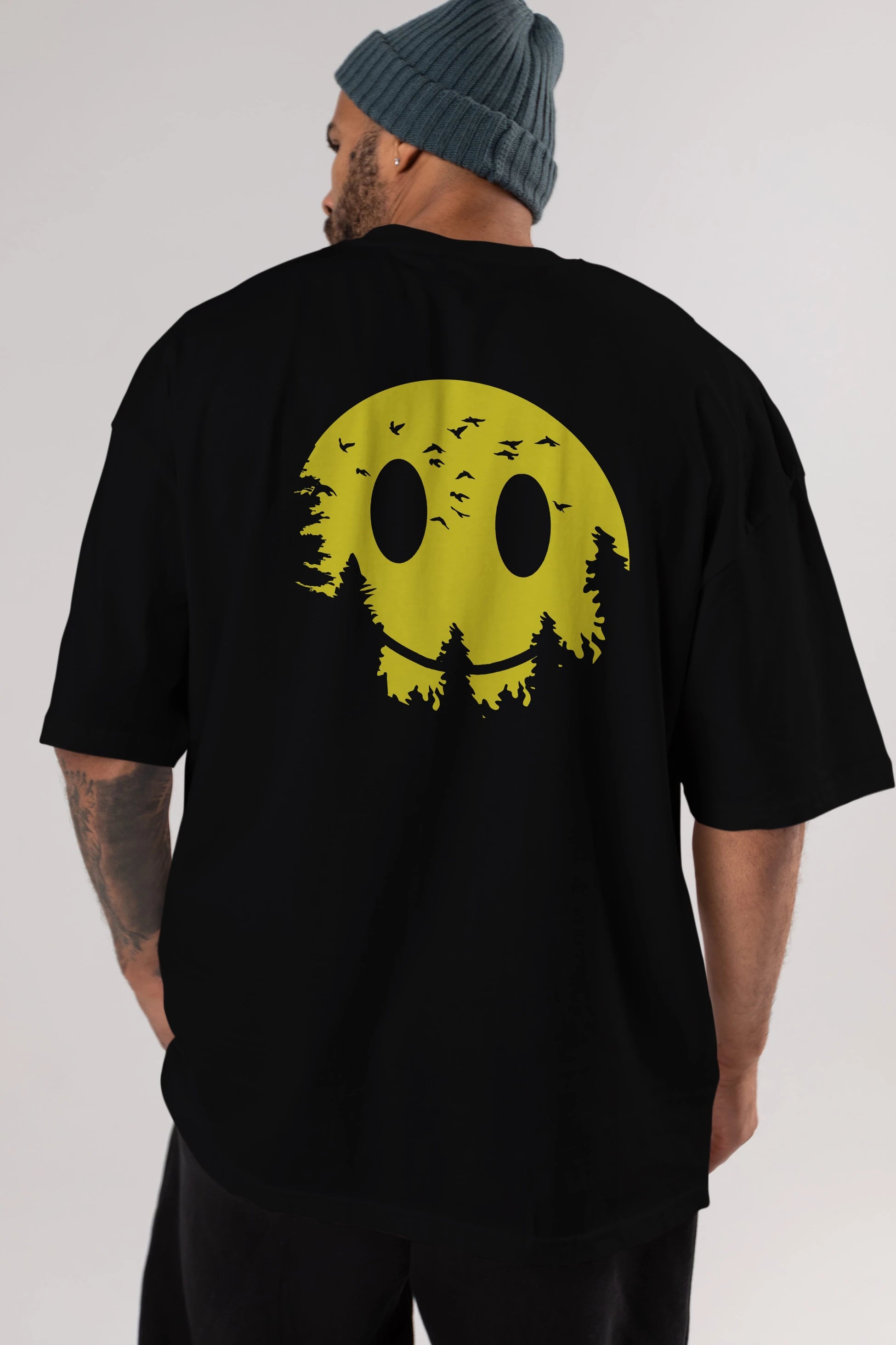 Smiley Moon Arka Baskılı Oversize t-shirt %100 pamuk Erkek Kadın Unisex