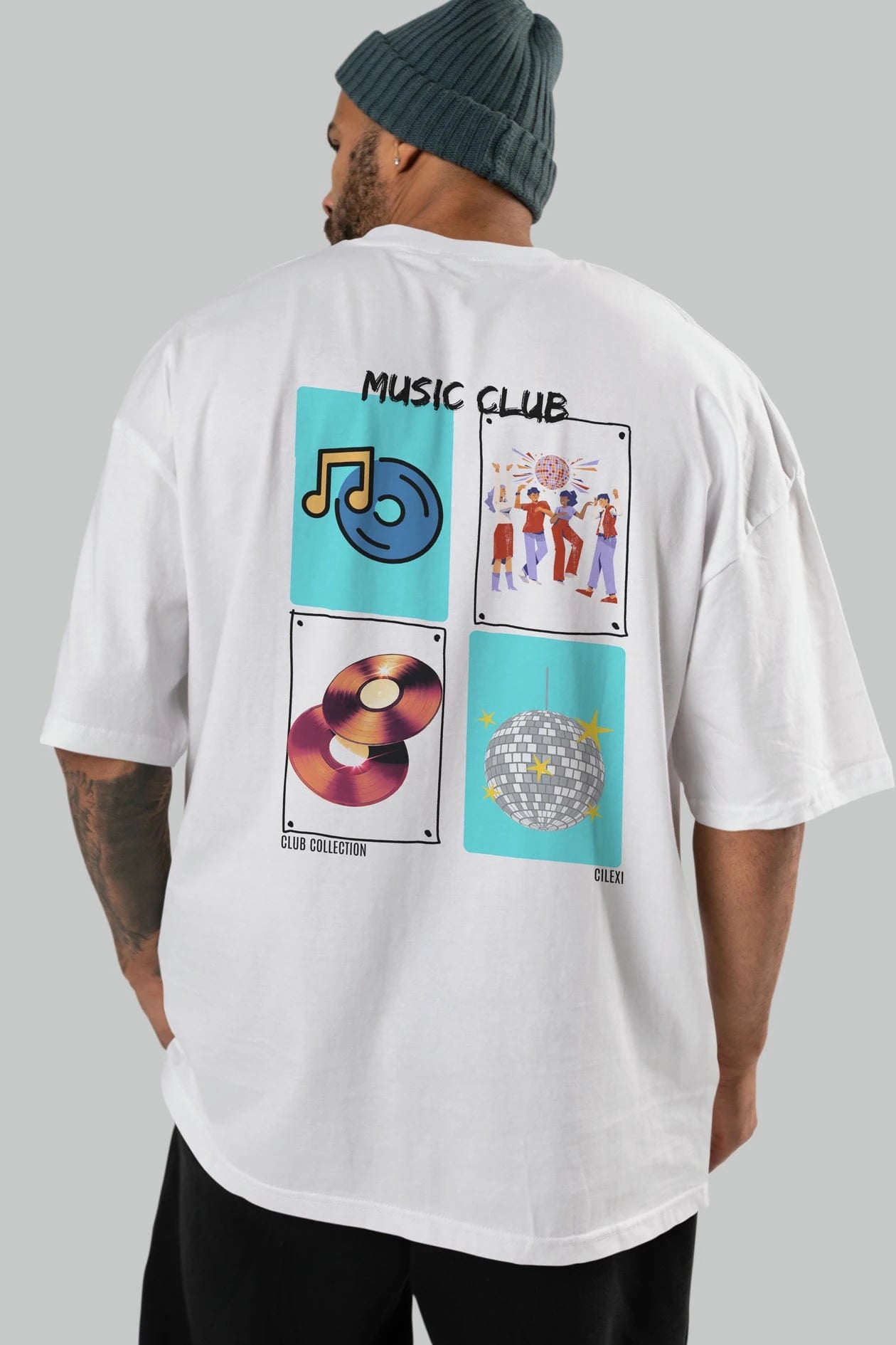 Music Club Arka Baskılı Oversize t-shirt Erkek Kadın %100 Pamuk Bisiklet Yaka tişort