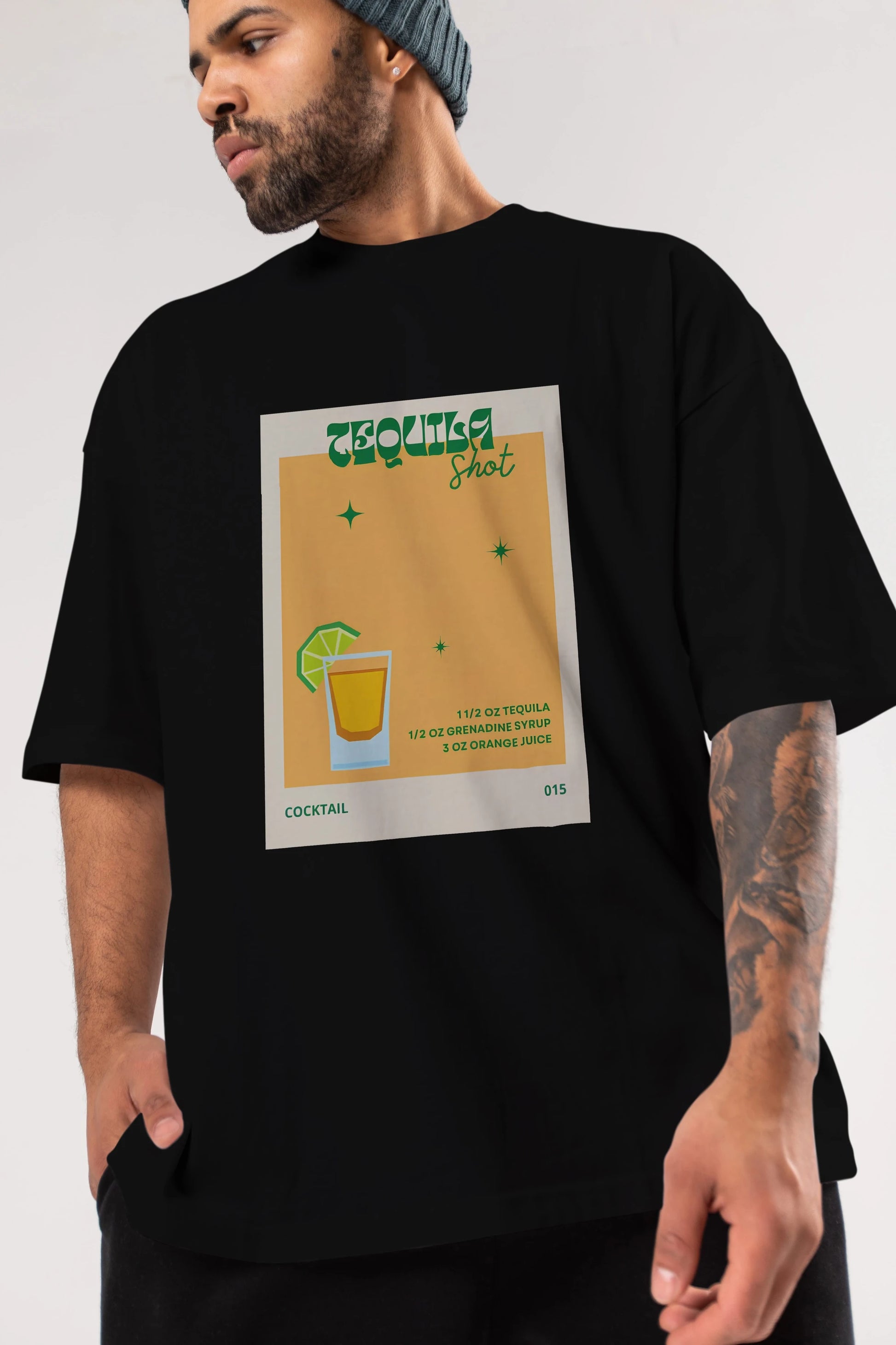 Tequila Shot 2 Ön Baskılı Oversize t-shirt Erkek Kadın Unisex %100 Pamuk Bisiklet Yaka tişort
