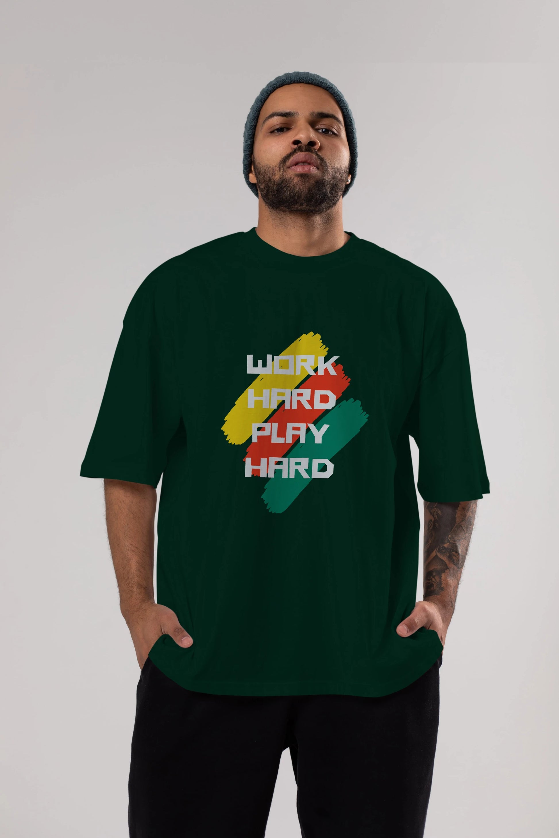 Work Hard Play Hard 2 Ön Baskılı Oversize t-shirt Erkek Kadın Unisex
