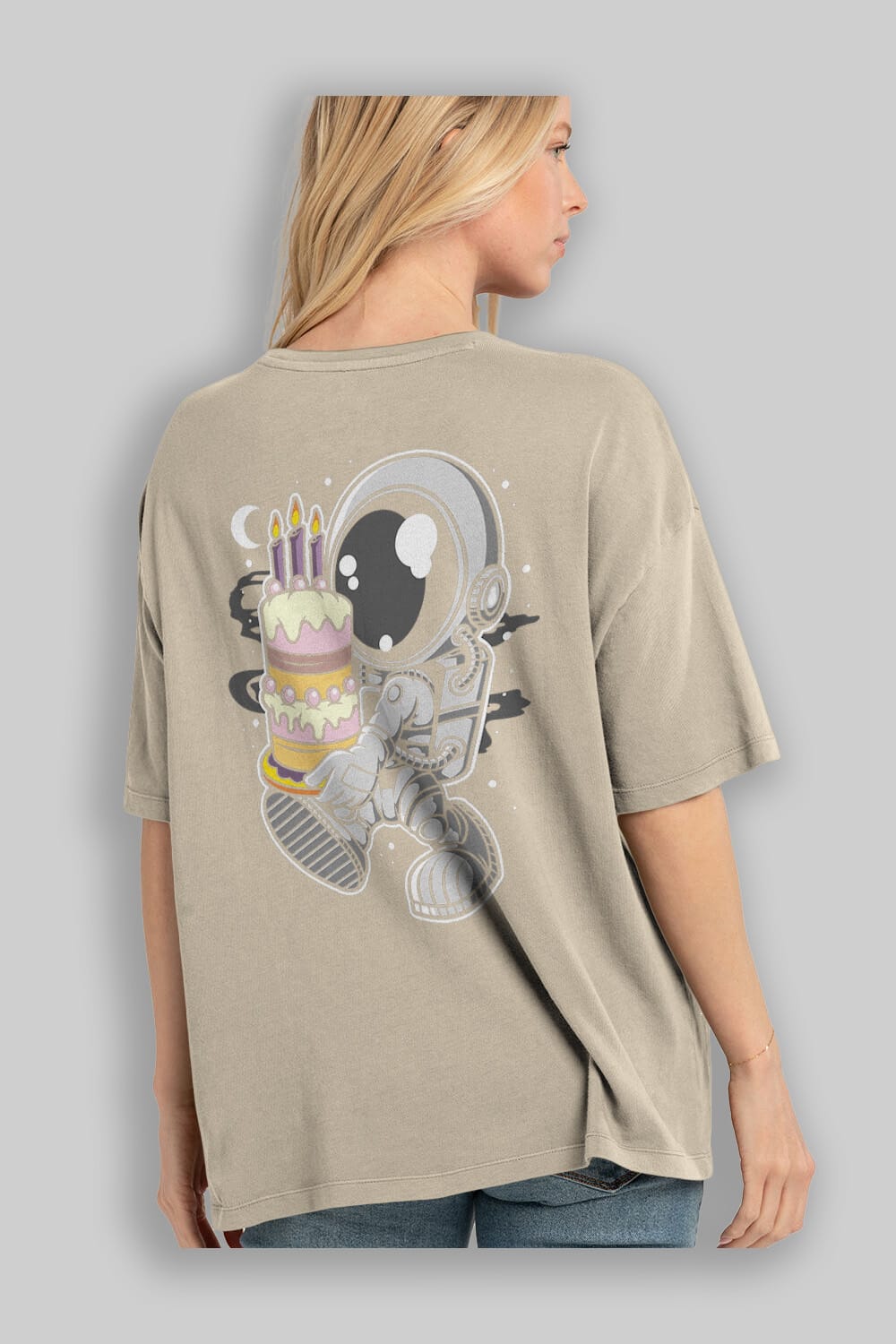 Astronaut Birthday Cake Arka Baskılı Oversize t-shirt Erkek Kadın Unisex