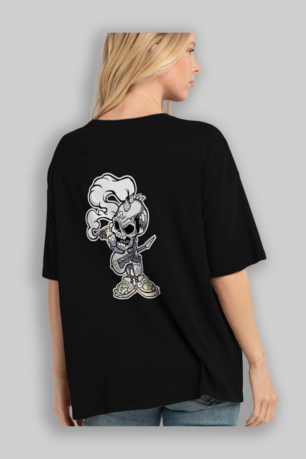 Skull Smoker Punk Rocker Arka Baskılı Oversize t-shirt Erkek Kadın Unisex %100 Pamuk tişort