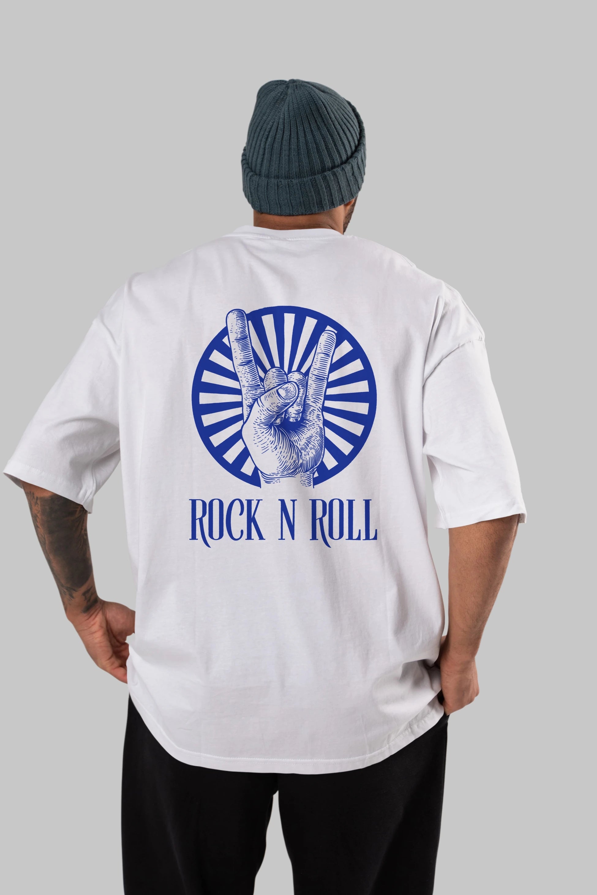 Rock N Roll Yazılı Arka Baskılı Oversize t-shirt Erkek Kadın Unisex