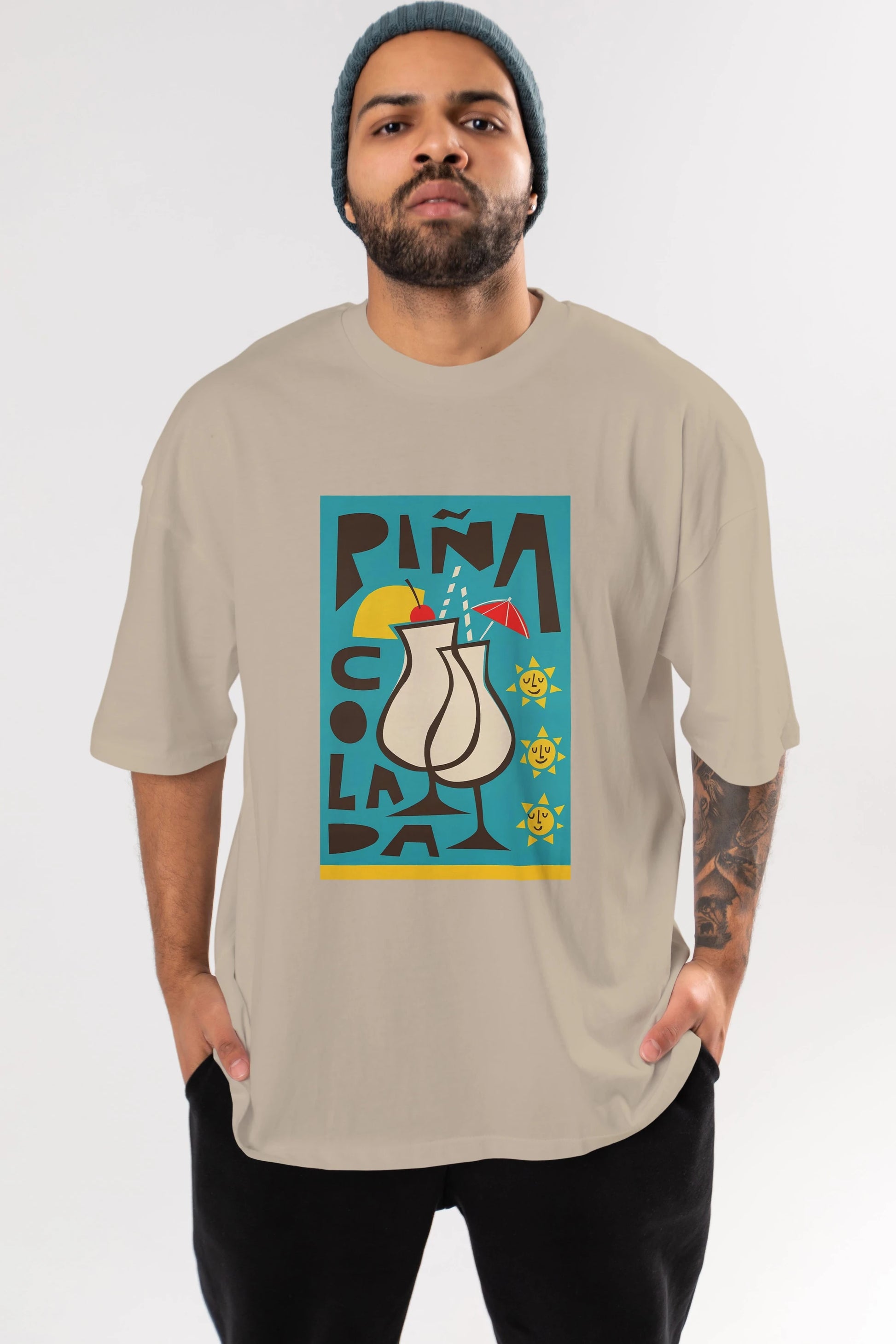 Pina Colada 4 Ön Baskılı Oversize t-shirt Erkek Kadın Unisex %100 Pamuk Bisiklet Yaka tişort