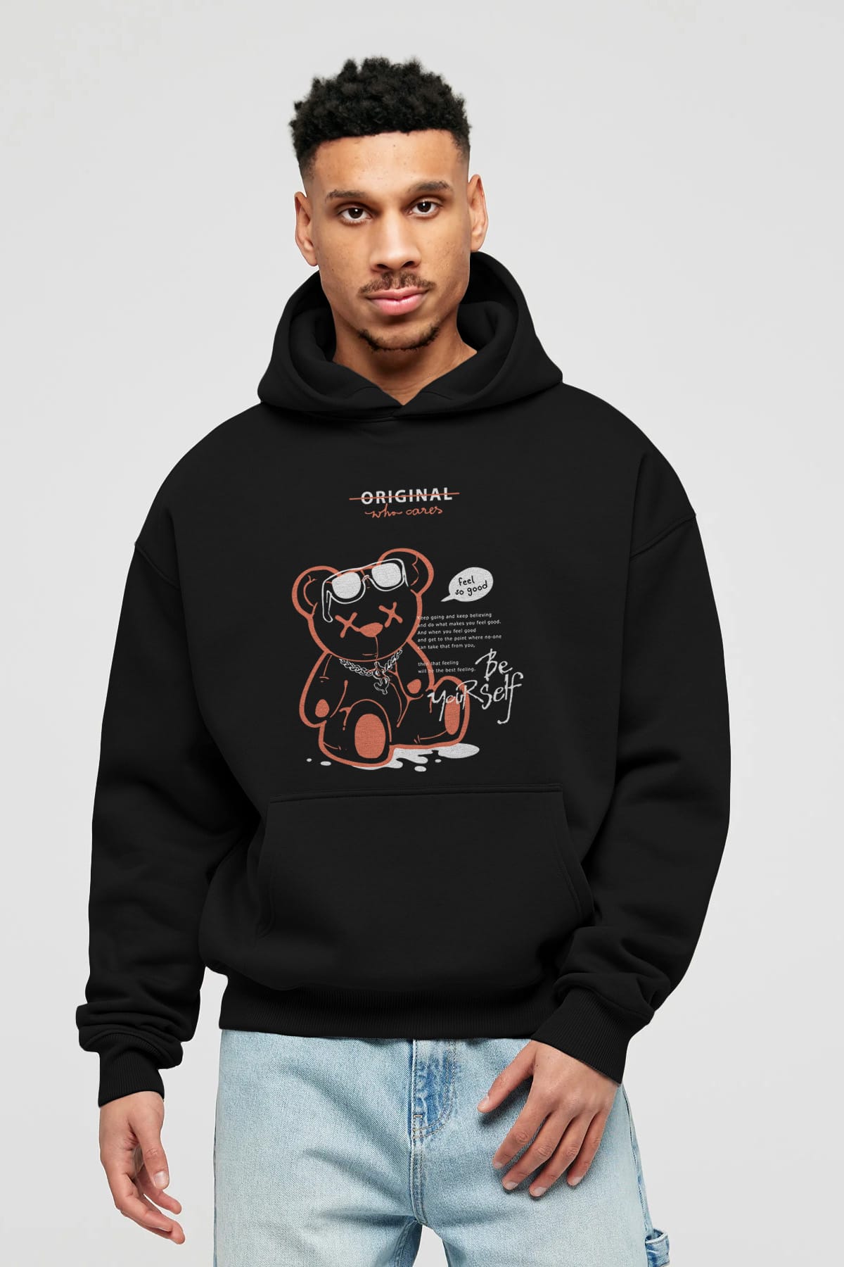 Feel So Good Bear Ön Baskılı Hoodie Oversize Kapüşonlu Sweatshirt Erkek Kadın Unisex