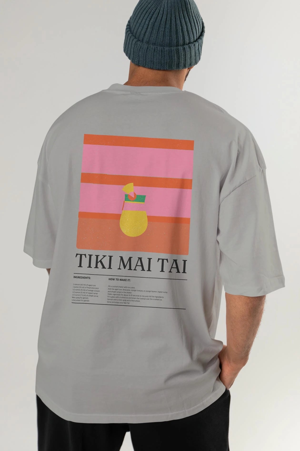 Tiki Mai Tai Kokteyl Serisi Arka Baskılı Oversize t-shirt Erkek Kadın %100 Pamuk Bisiklet Yaka tişort