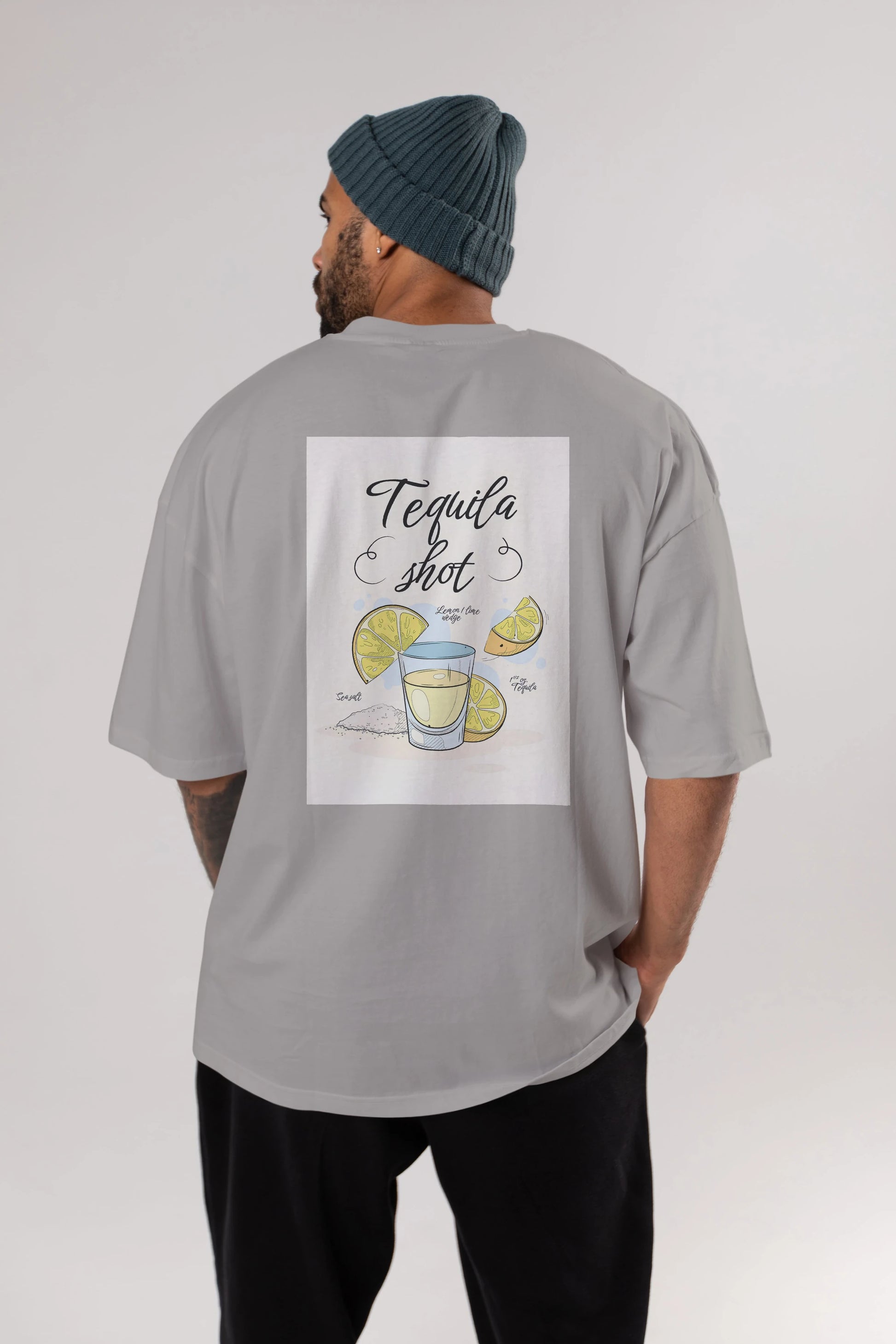 Tequila Shot Arka Baskılı Oversize t-shirt Erkek Kadın Unisex %100 Pamuk Bisiklet Yaka tişort
