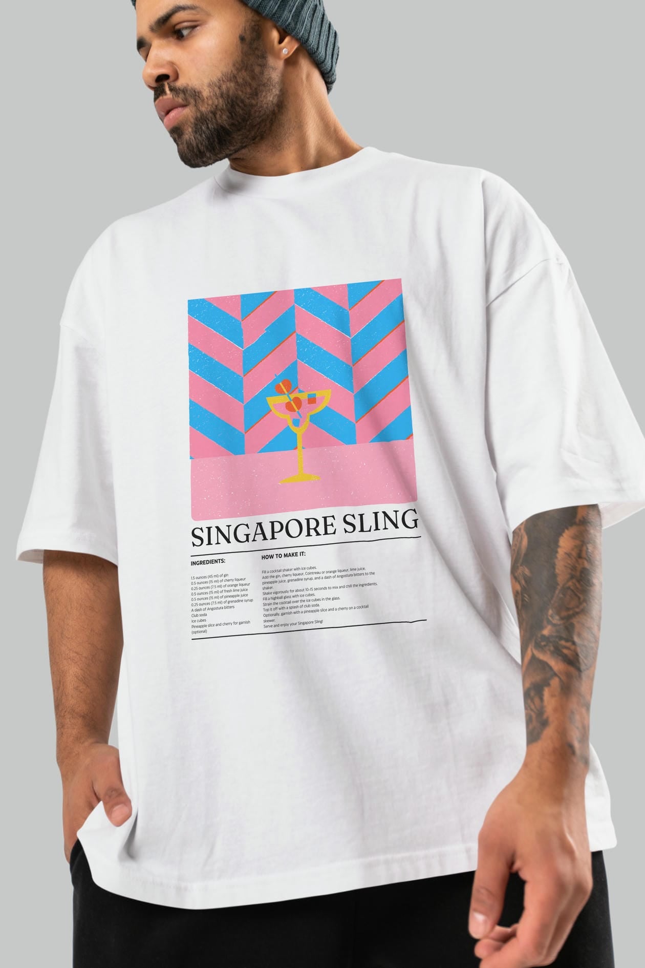 Sıngapore Sling Kokteyl Ön Baskılı Oversize t-shirt Erkek Kadın %100 Pamuk Bisiklet Yaka tişort