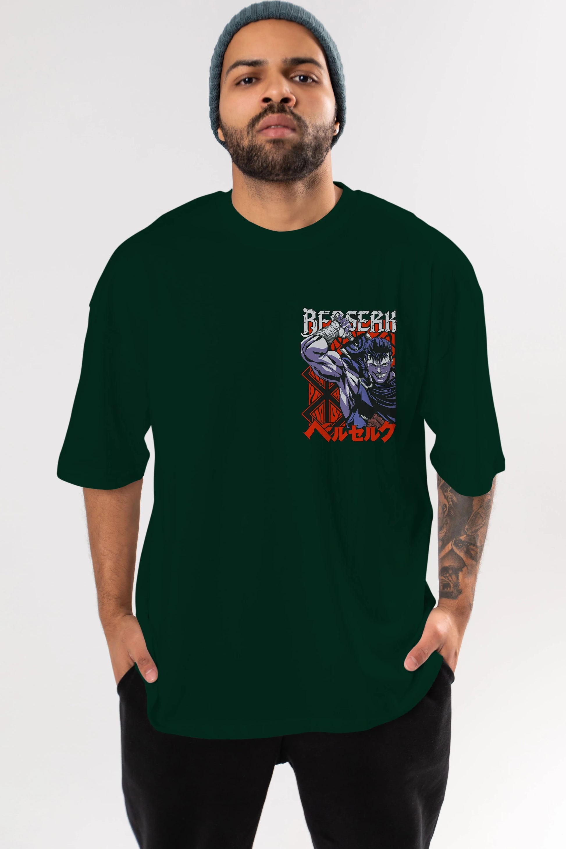 GUTS berserk Ön Sol Baskılı Oversize t-shirt Erkek Kadın Unisex %100 Pamuk Bisiklet Yaka tişort