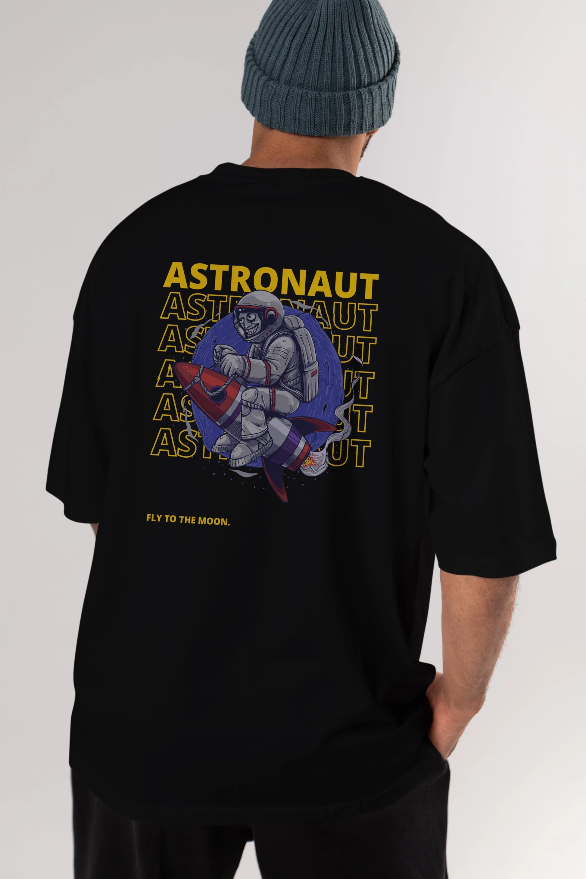Astronaut Fly to the Moon Yazılı Arka Baskılı Oversize t-shirt Erkek Kadın Unisex