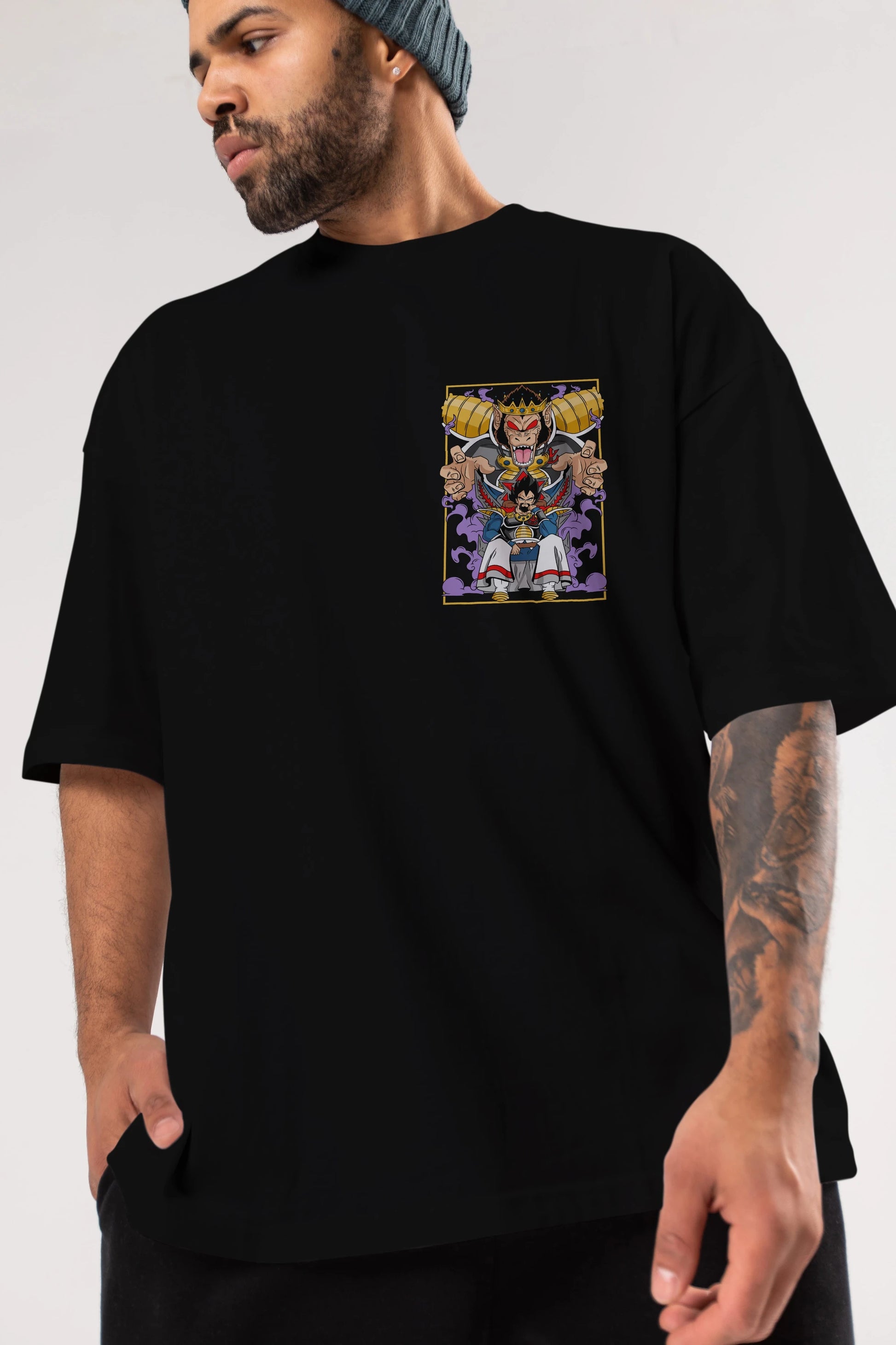 DragonBall ReyVegeta Ön Sol Baskılı Oversize t-shirt Erkek Kadın Unisex %100 Pamuk Bisiklet Yaka tişort