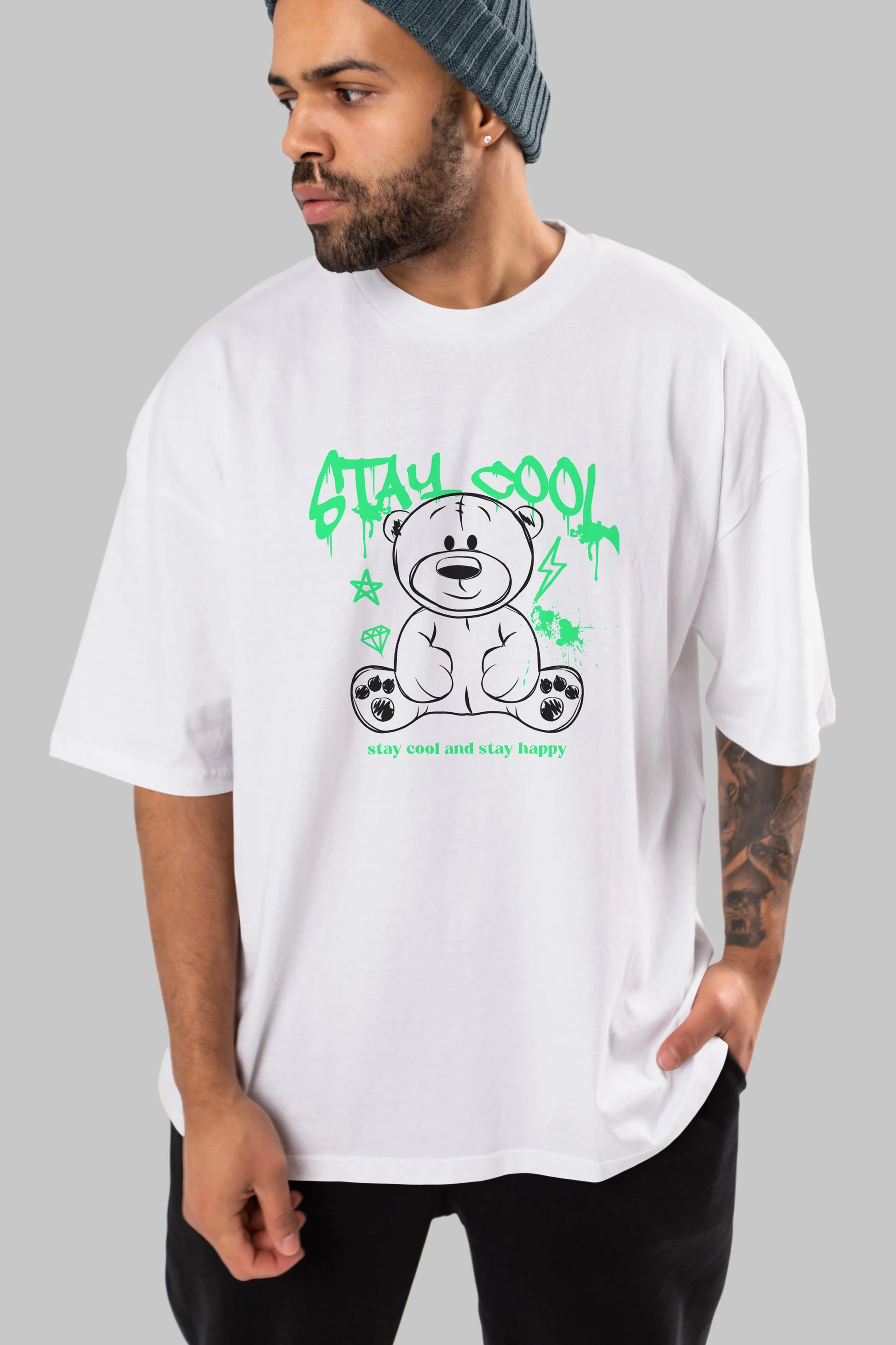 Teddy Bear Stay Cool Ön Baskılı Oversize t-shirt Erkek Kadın Unisex