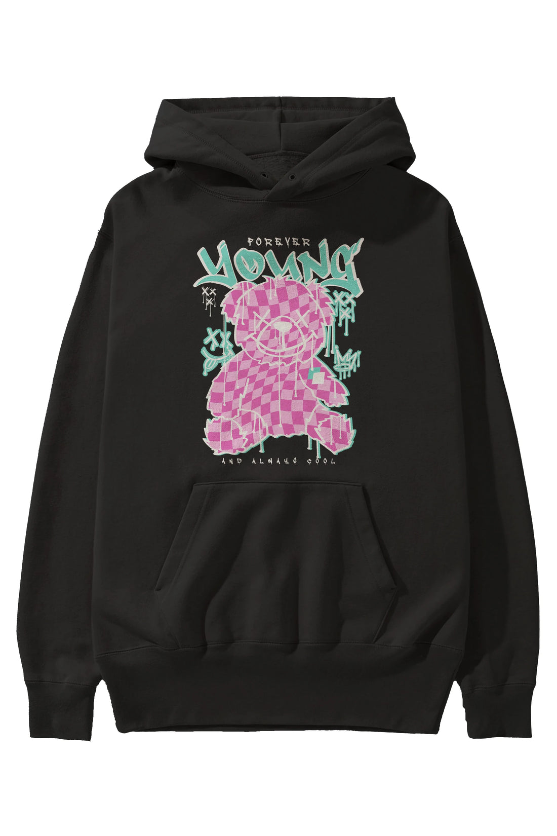 Young and Always Cool Bear Ön Baskılı Hoodie Oversize Kapüşonlu Sweatshirt Erkek Kadın Unisex