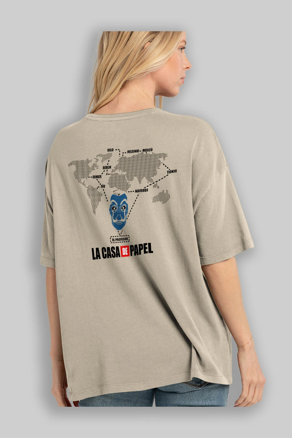 La Casa De Papel Arka Baskılı Oversize t-shirt Erkek Kadın Unisex %100 Pamuk Bisiklet Yaka tişort