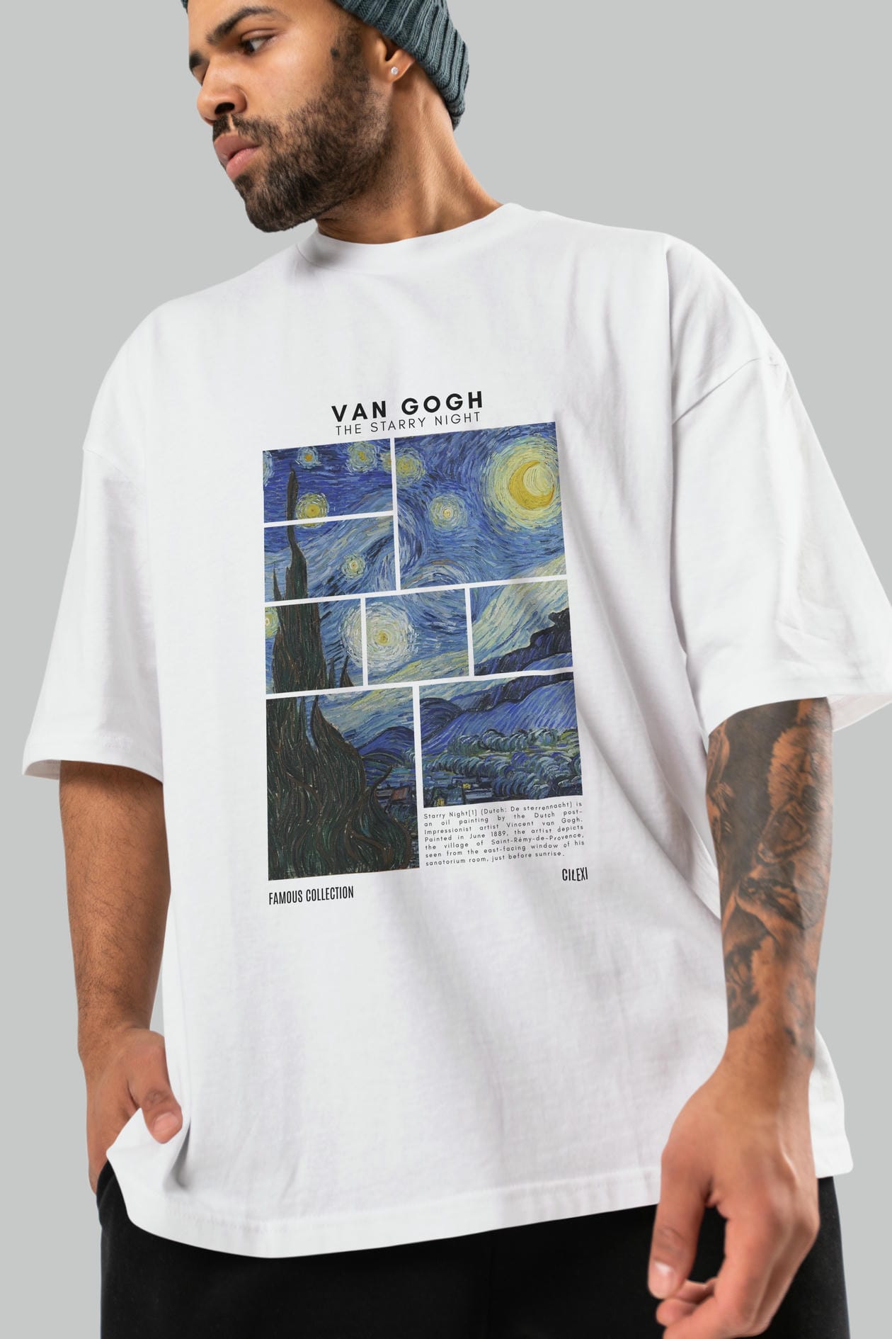 Van Gogh The Starry Night ön Baskılı Oversize t-shirt Erkek Kadın Bisiklet Yaka Pamuk tişort
