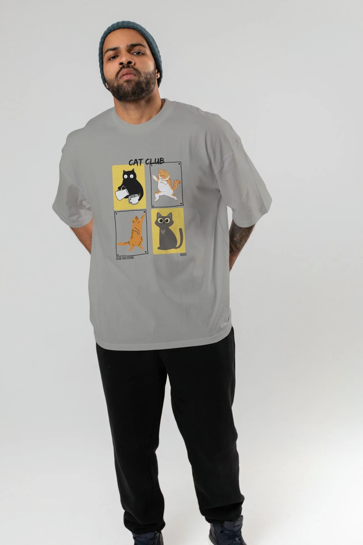 Cat Club ön Baskılı Oversize t-shirt Erkek Kadın %100 Pamuk Bisiklet Yaka tişort
