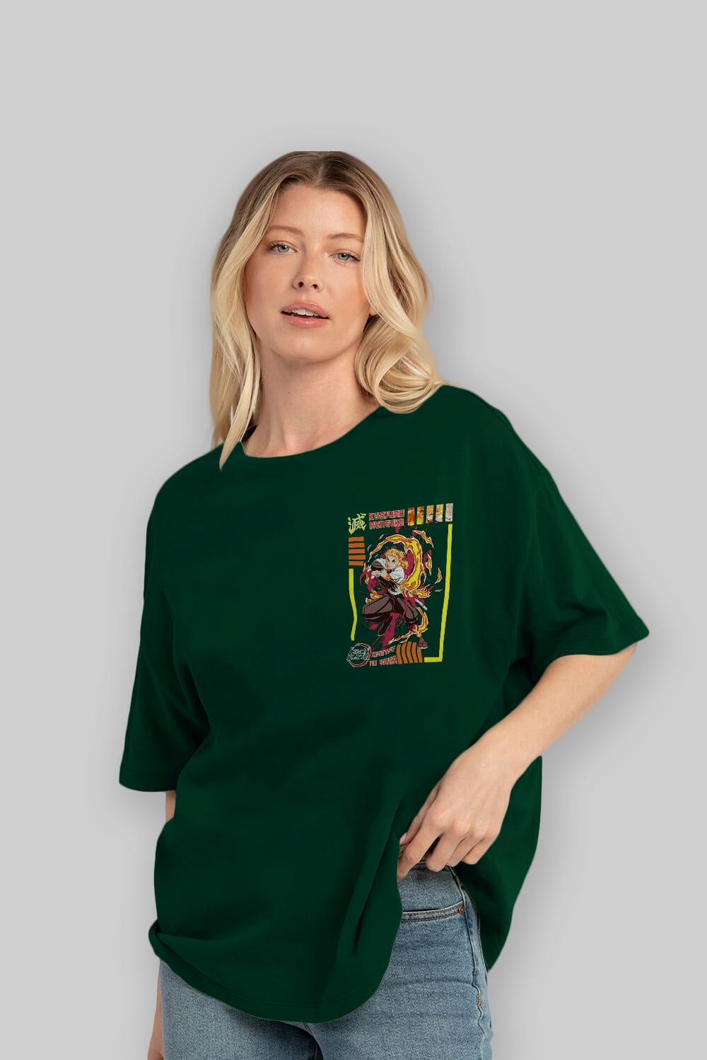 KYOJURO RENGOKU Ön Sol Baskılı Oversize t-shirt Erkek Kadın Unisex %100 Pamuk Bisiklet Yaka tişort