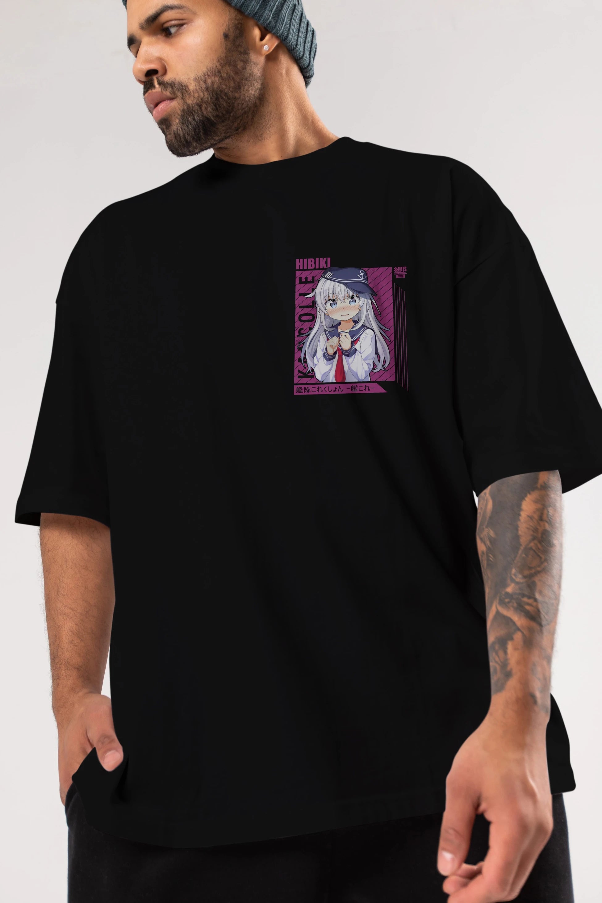 Hibiki 4 Ön Sol Baskılı Oversize t-shirt Erkek Kadın Unisex %100 Pamuk Bisiklet Yaka tişort