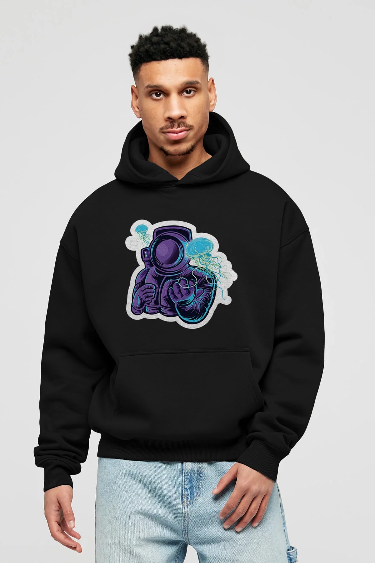 Astronaut and Jellyfish Sticker Ön Baskılı Hoodie Oversize Kapüşonlu Sweatshirt Erkek Kadın Unisex