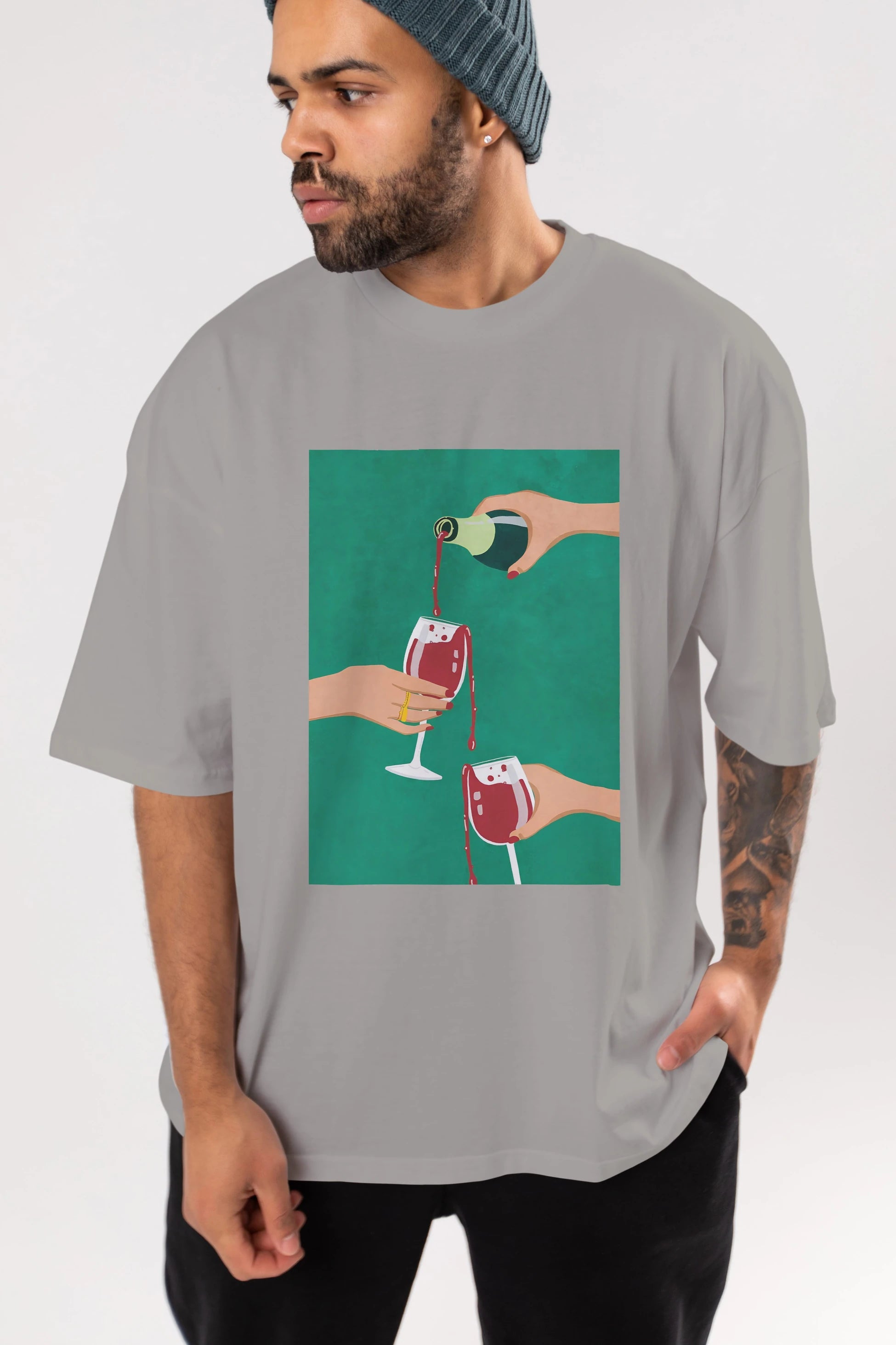 Wine 2 Ön Baskılı Oversize t-shirt Erkek Kadın Unisex %100 Pamuk Bisiklet Yaka tişort