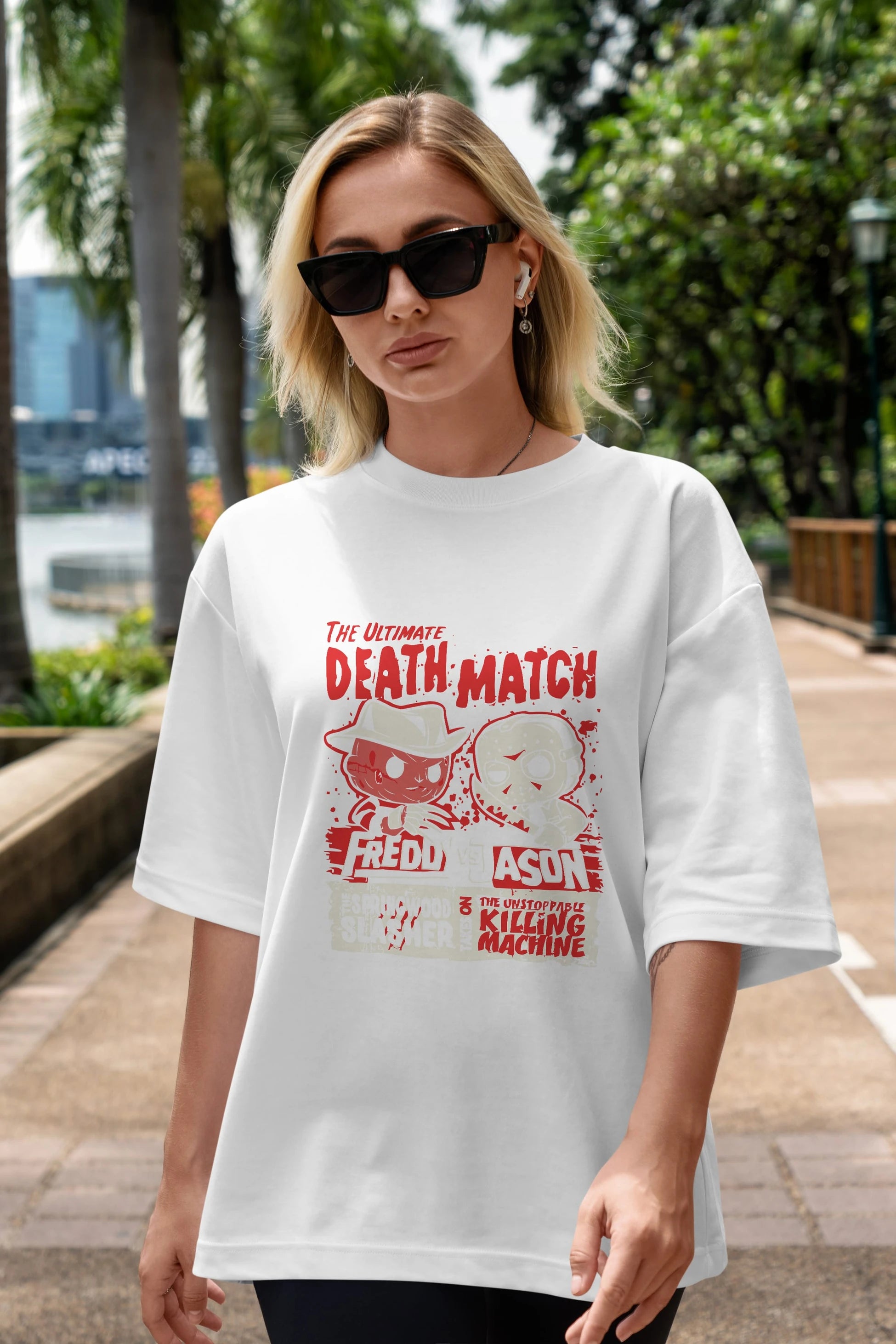 Freddy vs Jason Ön Baskılı Oversize t-shirt Erkek Kadın Unisex %100 Pamuk Bisiklet Yaka tişort