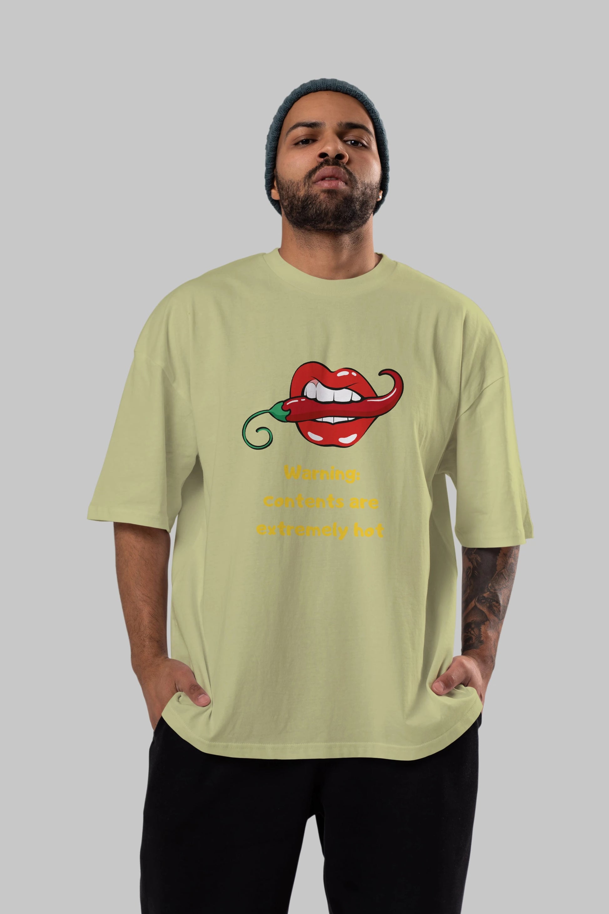 Warning Contents Yazılı Ön Baskılı Oversize t-shirt Erkek Kadın Unisex