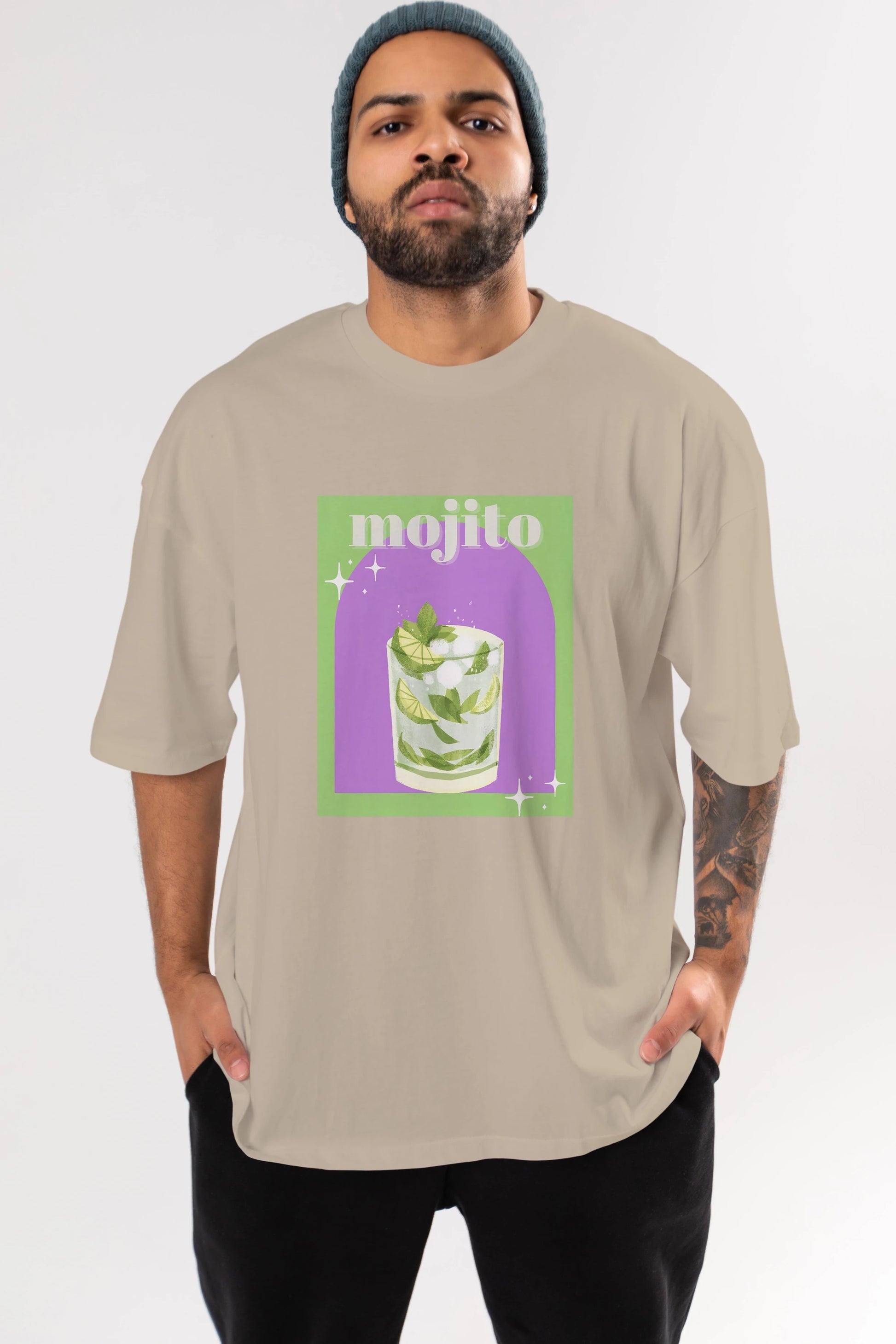 Mojito 3 Ön Baskılı Oversize t-shirt Erkek Kadın Unisex %100 Pamuk Bisiklet Yaka tişort
