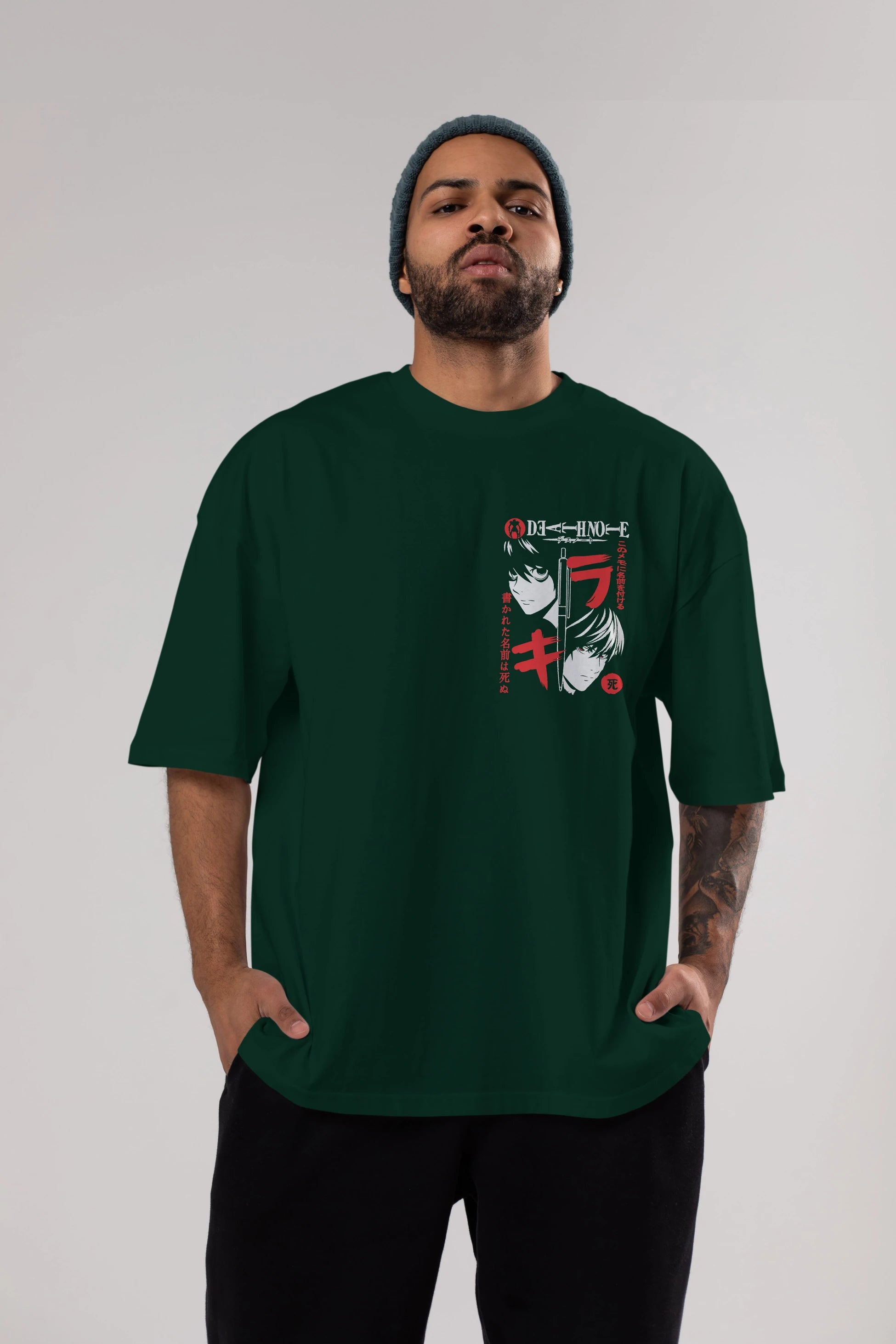 DEATHNOTE L vs KIRA Ön Sol Baskılı Oversize t-shirt Erkek Kadın Unisex %100 Pamuk Bisiklet Yaka tişort