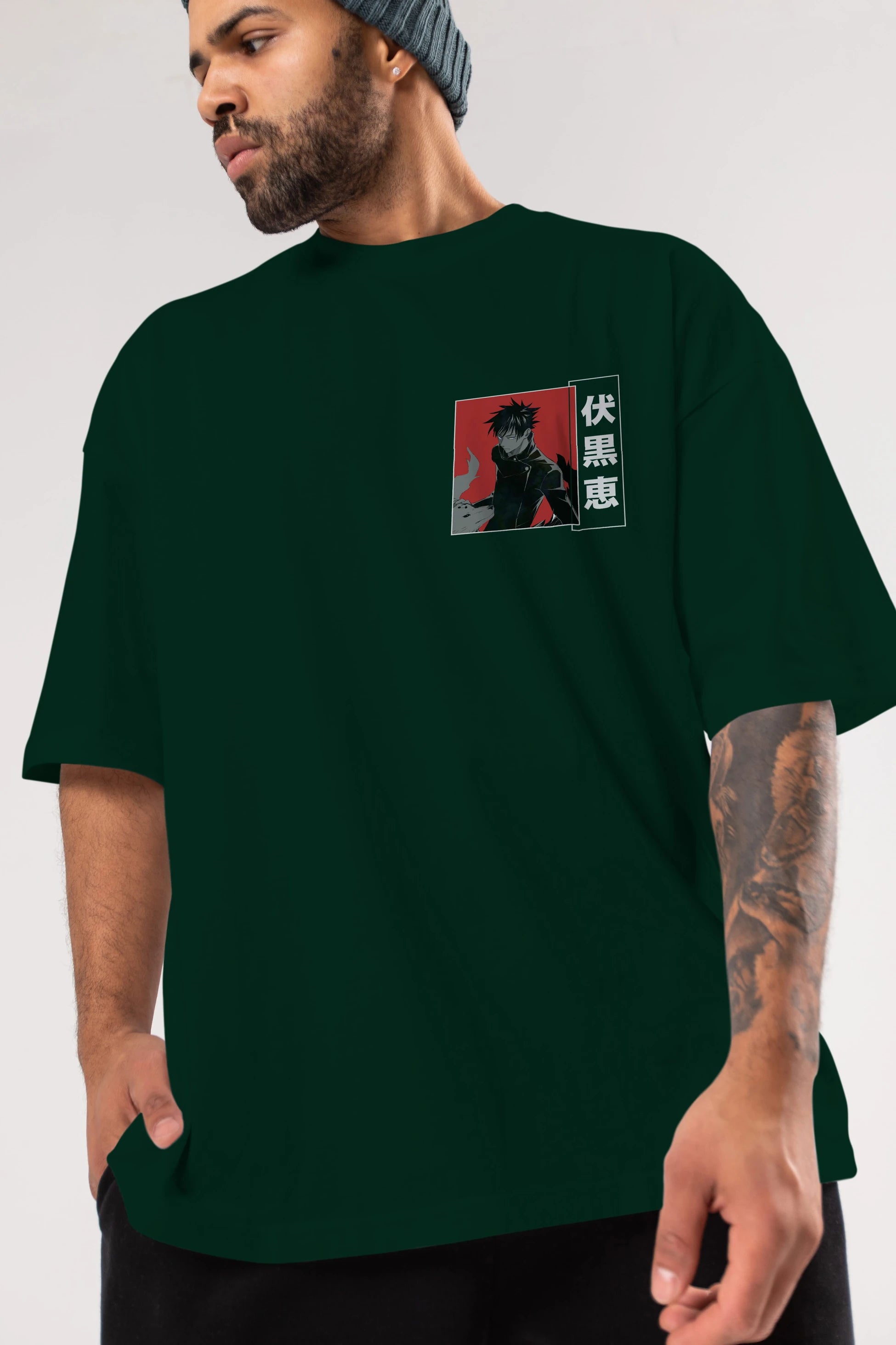 Megumi Fushiguro Ön Sol Baskılı Oversize t-shirt Erkek Kadın Unisex %100 Pamuk Bisiklet Yaka tişort