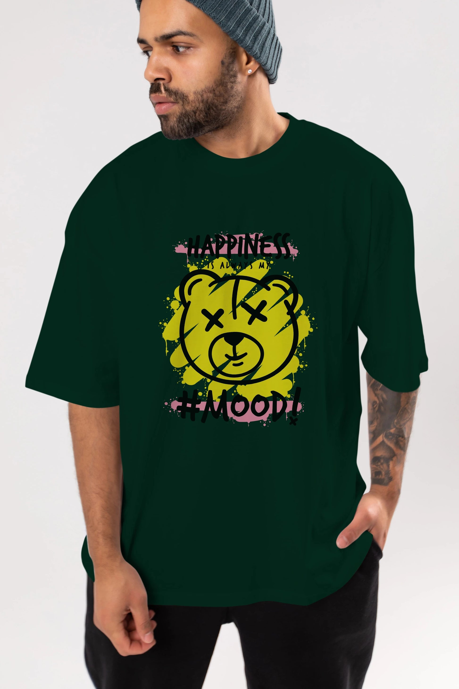 Happiness Mood Bear Ön Baskılı Oversize t-shirt Erkek Kadın Unisex