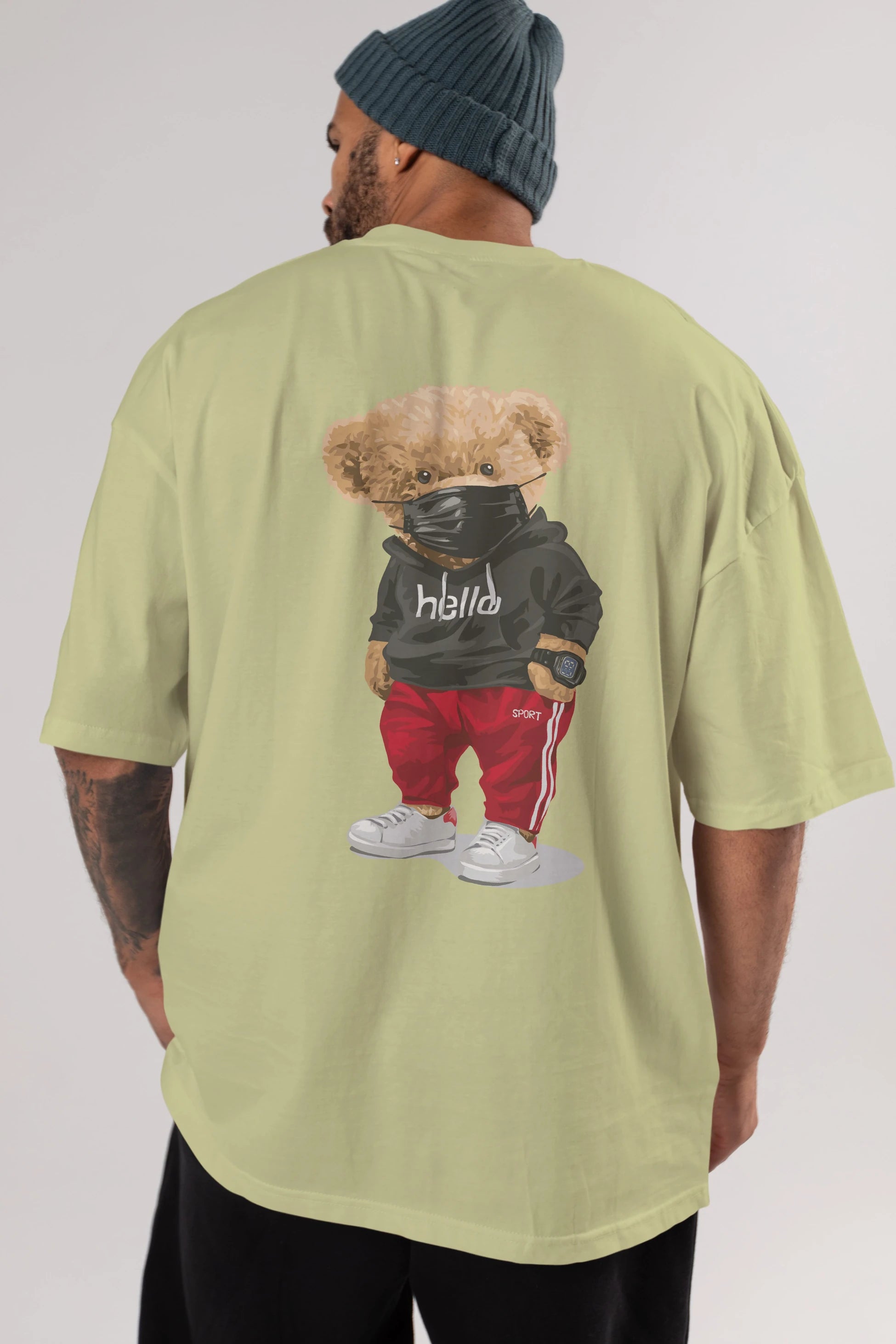 Teddy Bear Hello Sport Arka Baskılı Oversize t-shirt Erkek Kadın Unisex %100 Pamuk