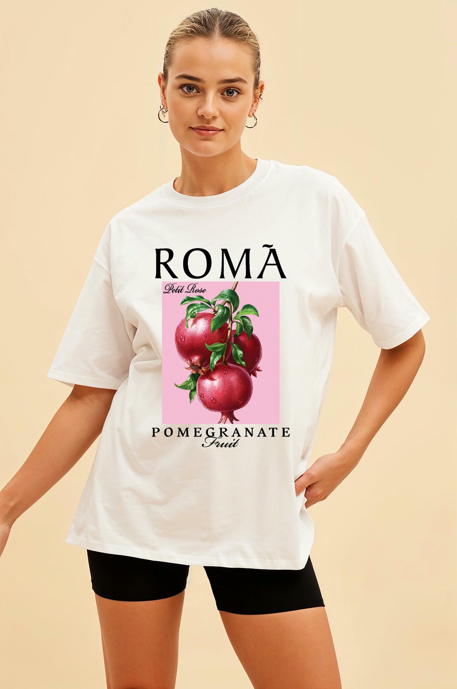 Roma Pomegranate Nar Ön Baskılı Oversize t-shirt Erkek Kadın Pamuk Bisiklet Yaka tişort